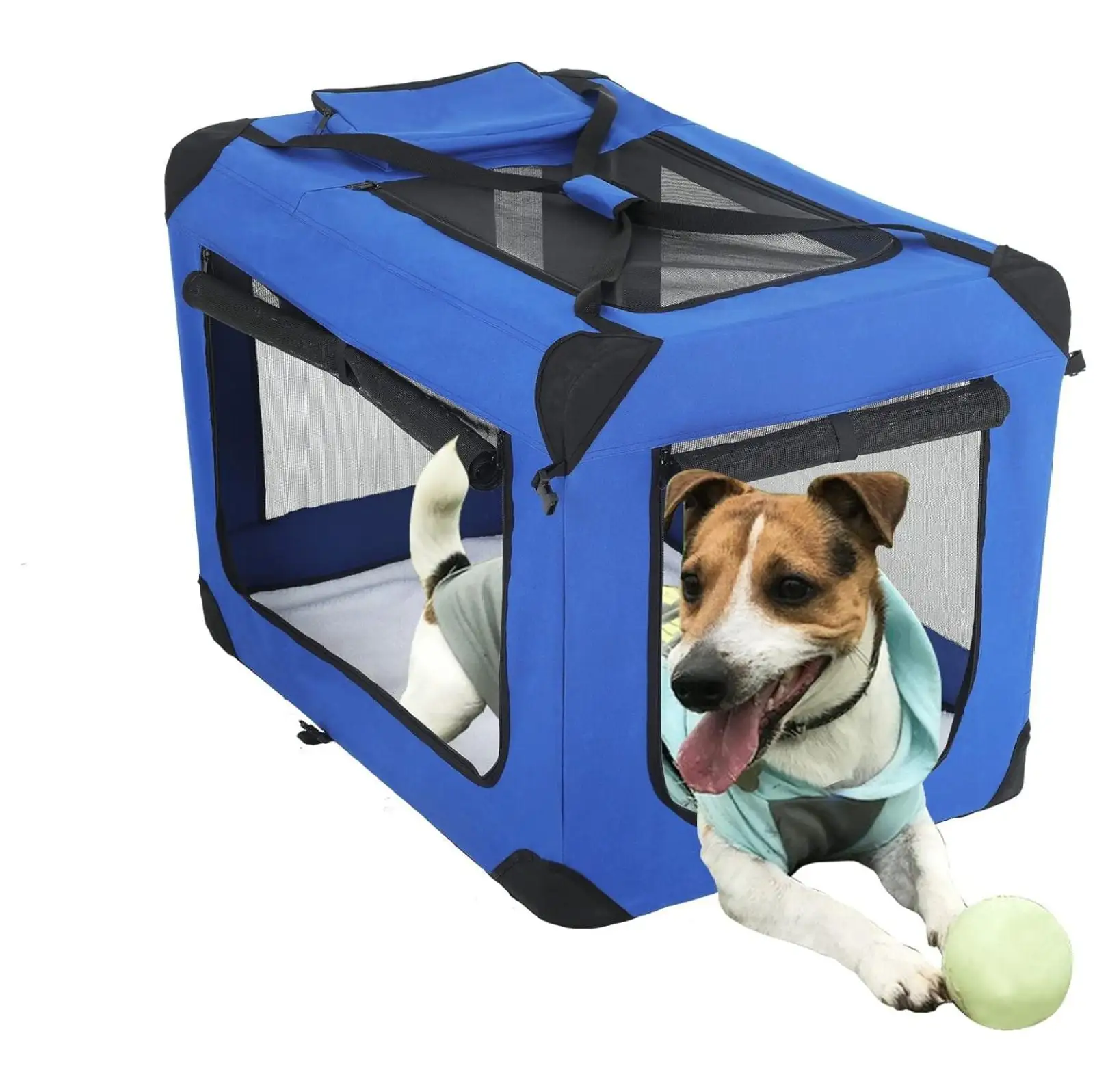 24 inch Collapsible Dog Crate for Small Dogs. 3-Door Portable Folding Soft Dog Crate Dog Kennel Lightweight Foldable Travel Dog Crate with Mesh Windows for Indoor Outdoor Travel.Blue