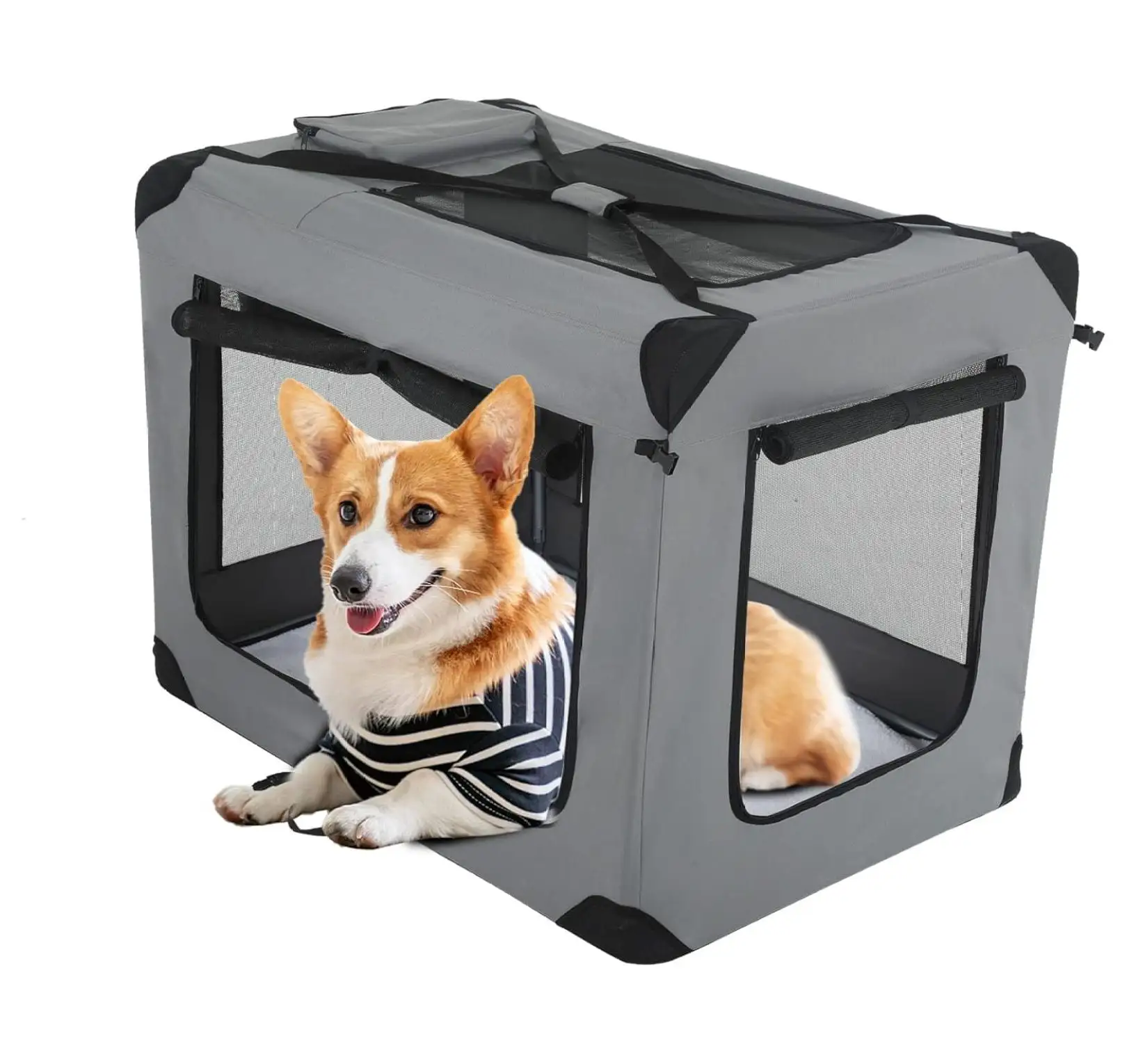 24 inch Collapsible Dog Crate for Small Dogs. 3-Door Portable Folding Soft Dog Crate Dog Kennel Lightweight Foldable Travel Dog Crate with Mesh Windows for Indoor Outdoor Travel.Grey