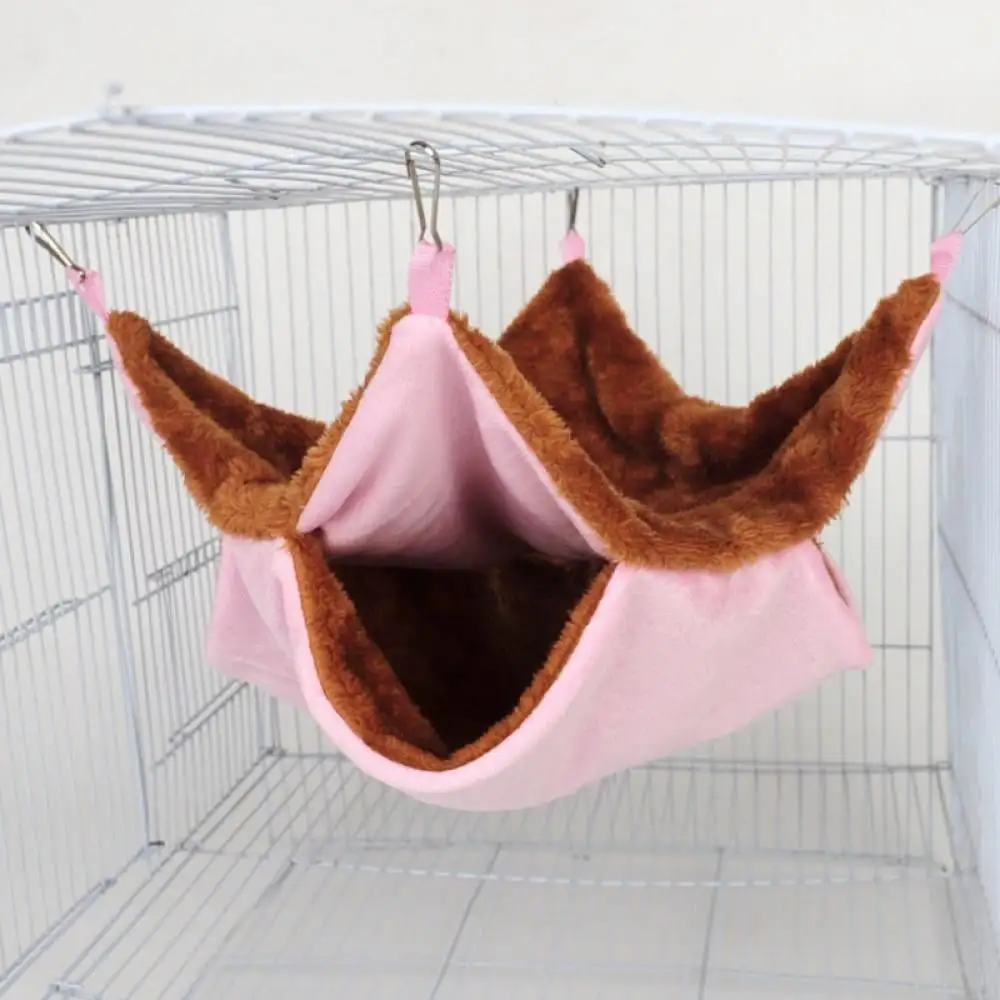 Small Animals Warm Plush Double-layer Thick Plush Warmth Cage Hanging Hammock Bed Hideout for Sugar Glider Ferret Squirrel. Pink.13.78 *13.78