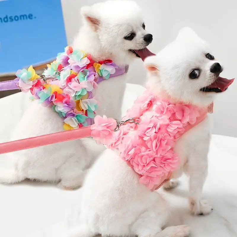 Puppy Dog Harness and Leash Set Purple Lace Floral Dog Vest Harness for Small Dogs Cute Soft Mesh Escape Proof Pet Cat Vest Harness