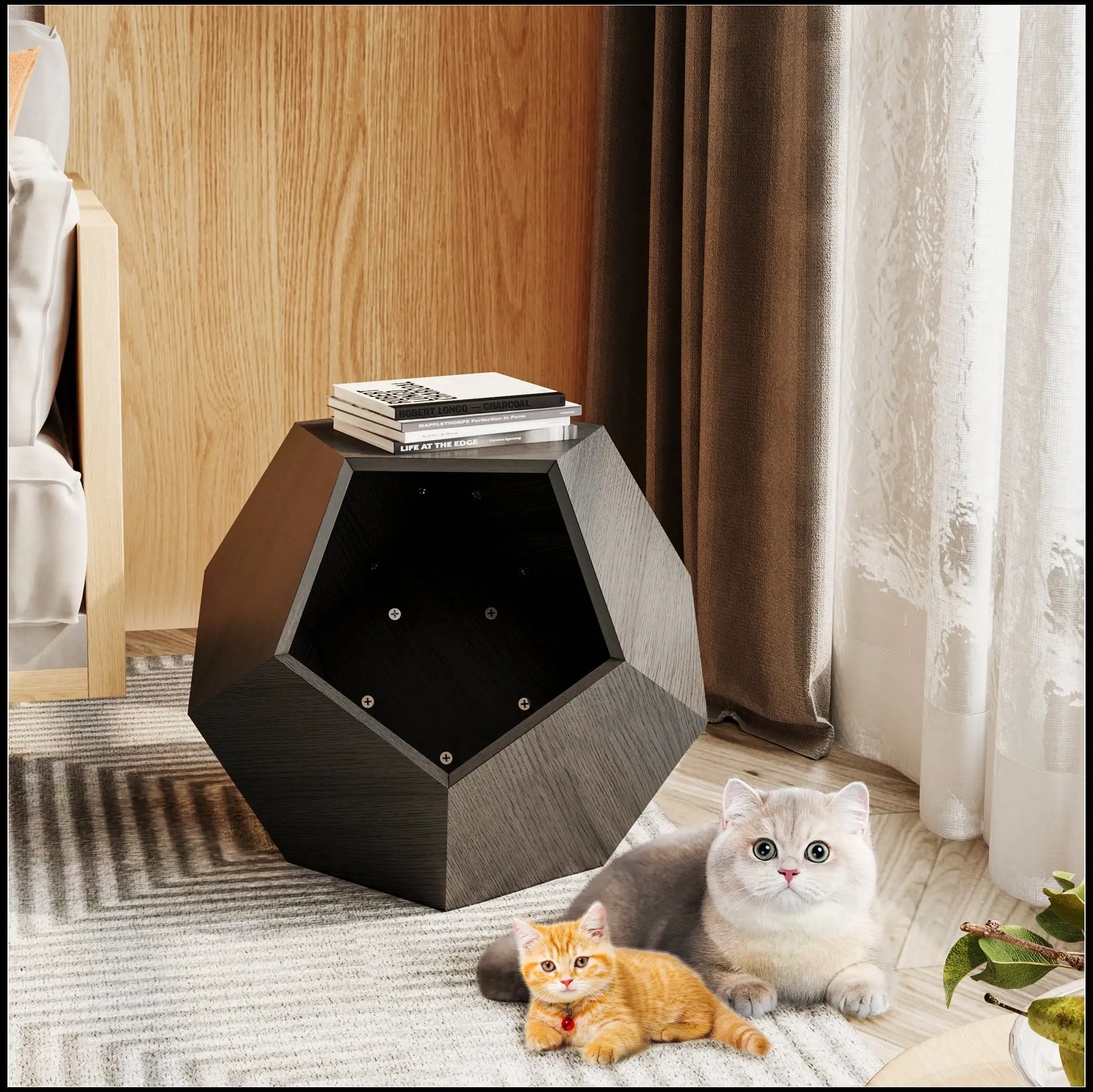 25.98'' Shaped Modern Pet Furniture Cat Kennel Side Table MDF Multi-Purpose Furniture.Burmese Sapwood