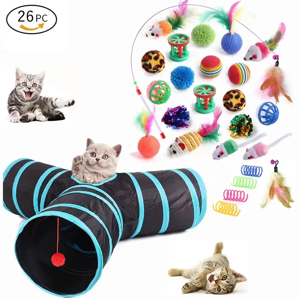 26 Pcs Cat Toys Set with Cat Tunnel for Indoor Interactive. Kitten Toys Assortments. Interactive Cat Teaser. Kitty Toys Kit. Self Entertainment Toys Tunnel Toys and Play Cube