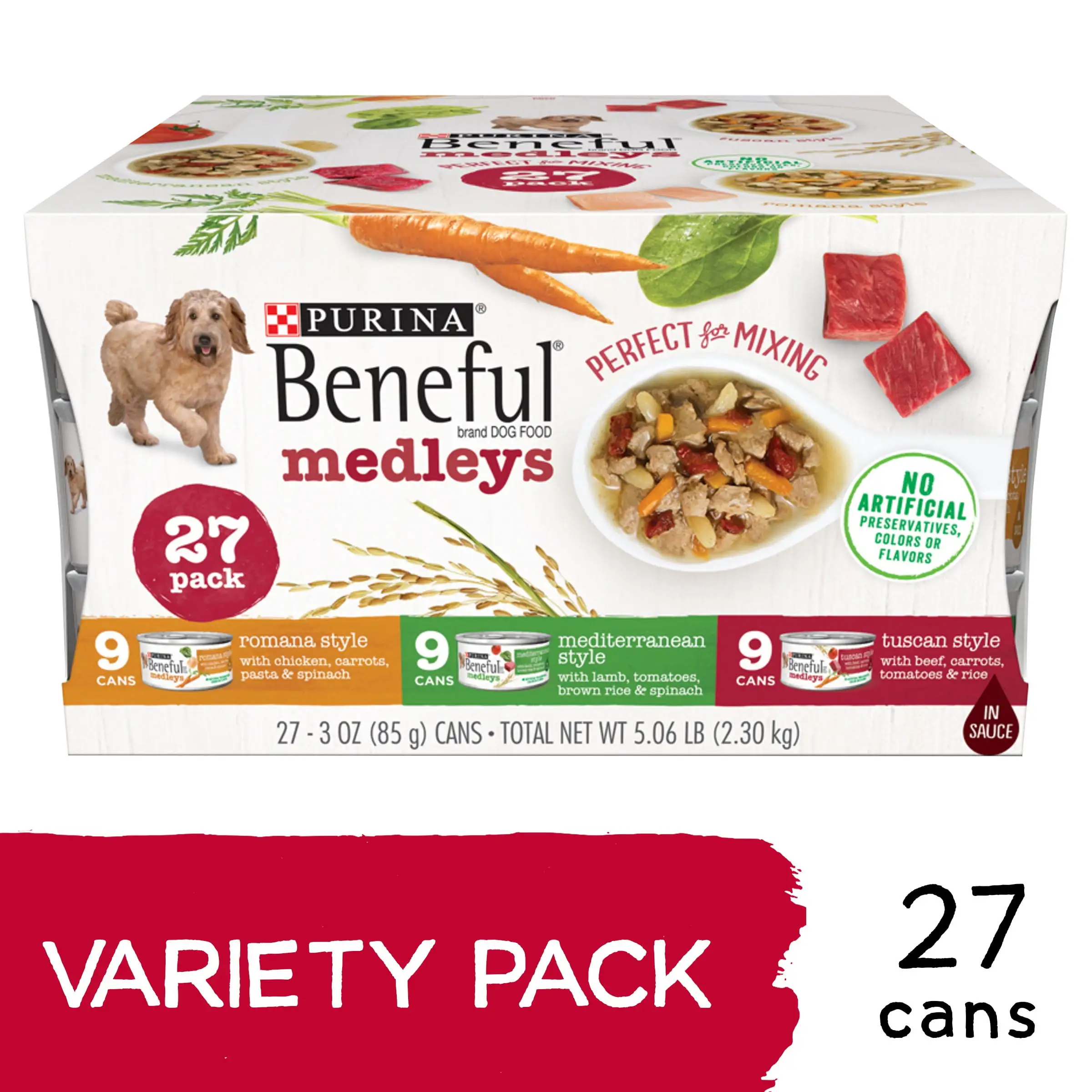 (27 Pack) Purina Beneful Wet Dog Food Variety Pack. Medleys Tuscan. Romana & Mediterranean Style - 3 oz. Cans