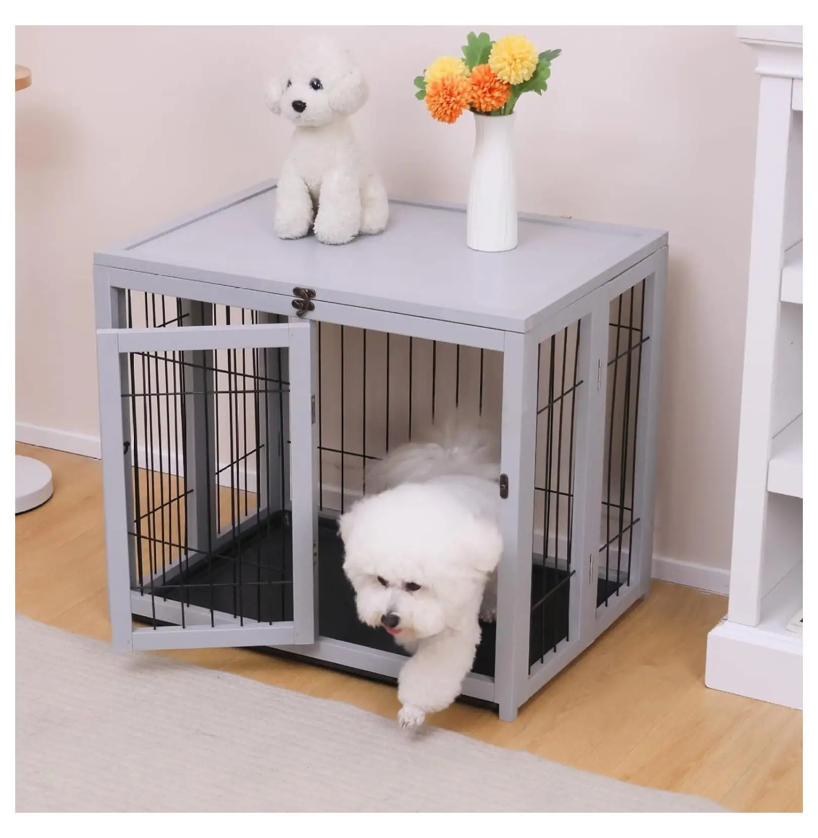 28-inch Dog Crate Furniture Double Doors Dog Kennel for Small and Medium Dogs Dog Cage End Table with Removable Tray Indoor Puppy Kennel Gray Pet House End Side Table Nightstand