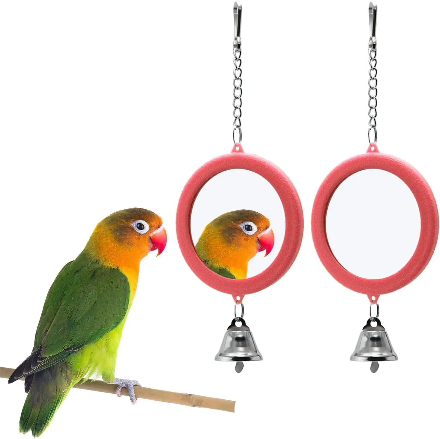 2PCS Bird Mirror with Bell Parrot Hanging Interactive Playing Toy for Cockatiel Parakeets Canaries Budgie Cage Accessories