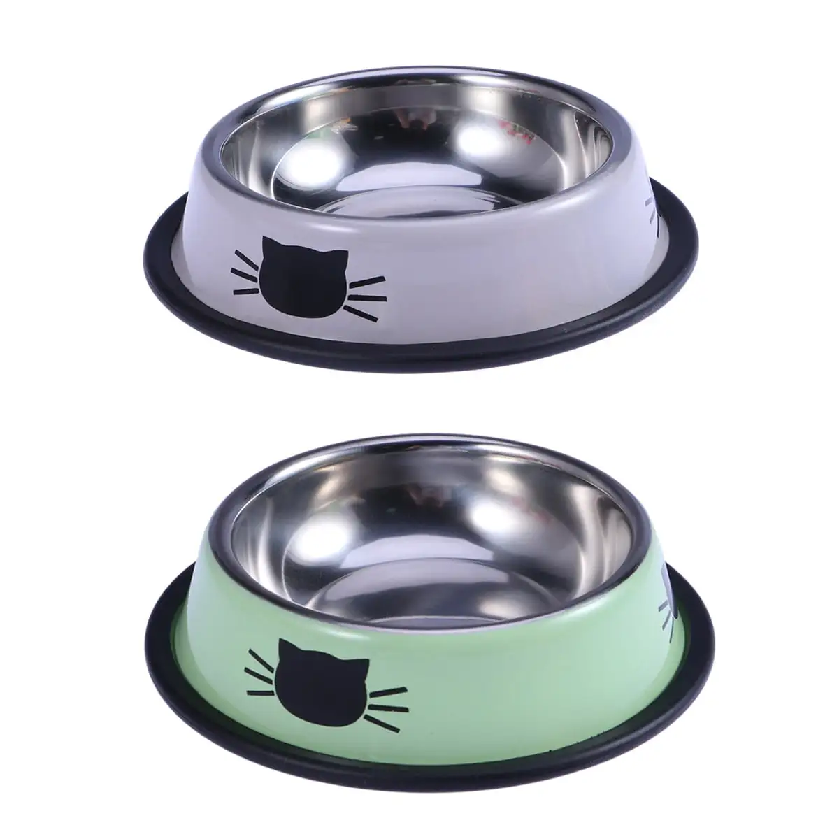 2Pc Stainless Steel Cat Bowl for Dish Water Dog Food Bowl Pet Kitten Cat Feeder (Grey and Green)