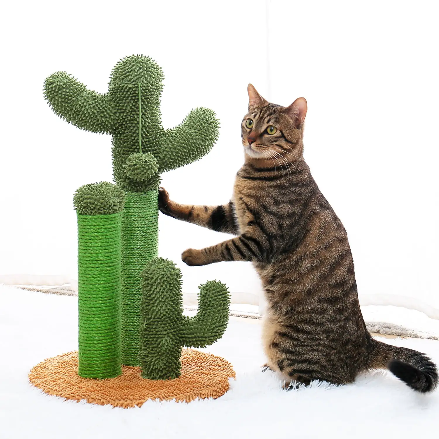 Pefilos 27 Cat Scratching Post for Furniture Cactus Cat Scratcher for Indoor Cats Featuring with 3 Scratching Poles and Interactive Dangling Ball Cat Tower for Adult Cats. L