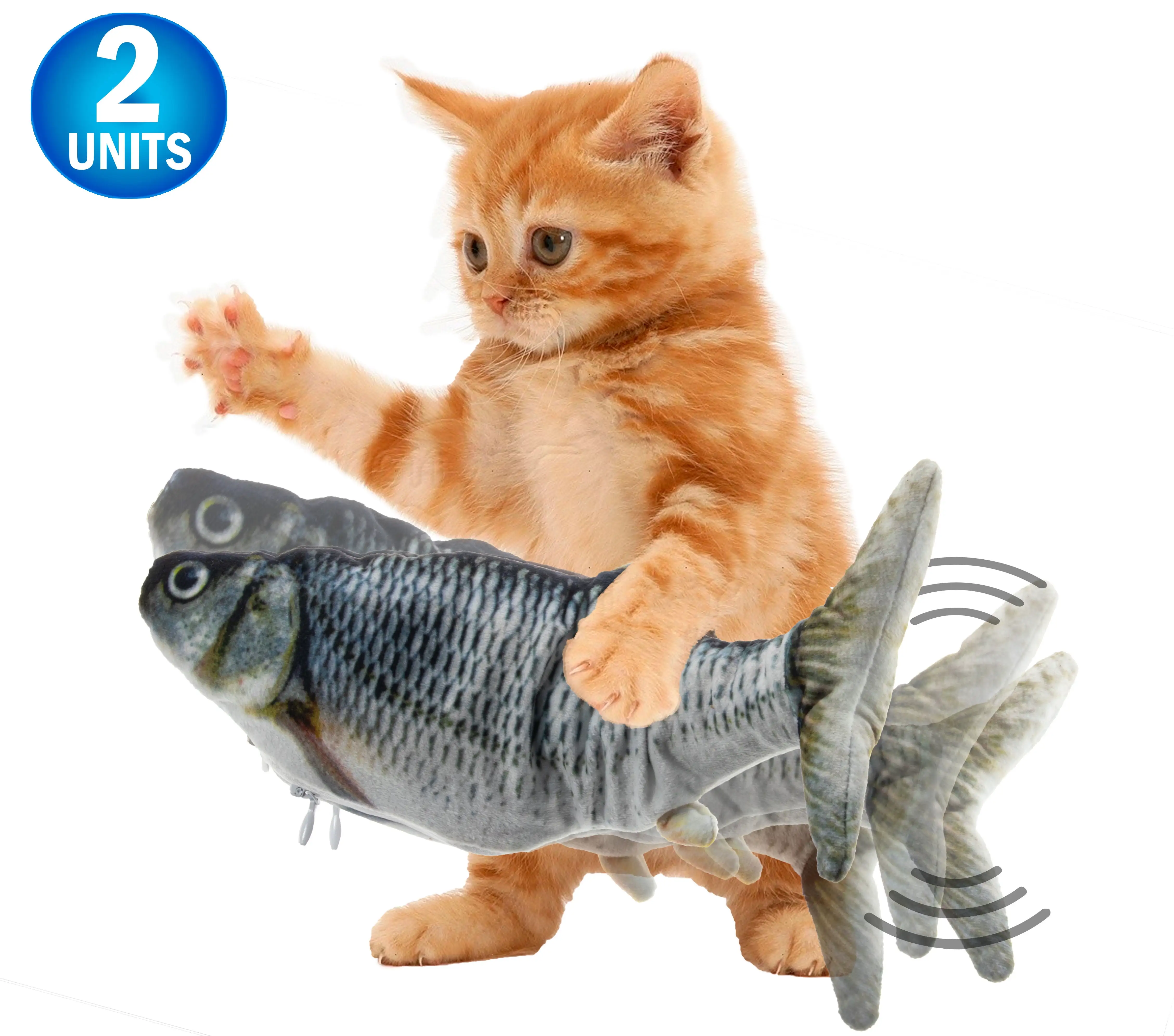 2pc Cat Flipping n Flopping Fish Cat Moving Toy - Realistic Wiggling Interactive Automatic Motion Activate Motorized Plush Cat Toy - USB w/ Catnip Pouch - 2 Speeds