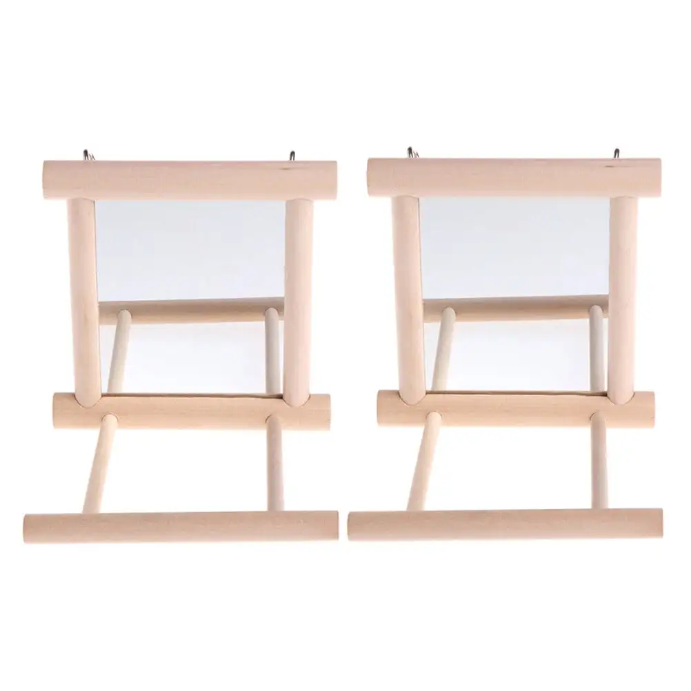 2pcs Wood Parrot Stand Bar Toy Creative Bird Stand Mirror Cage Accessory Parrot Supplies