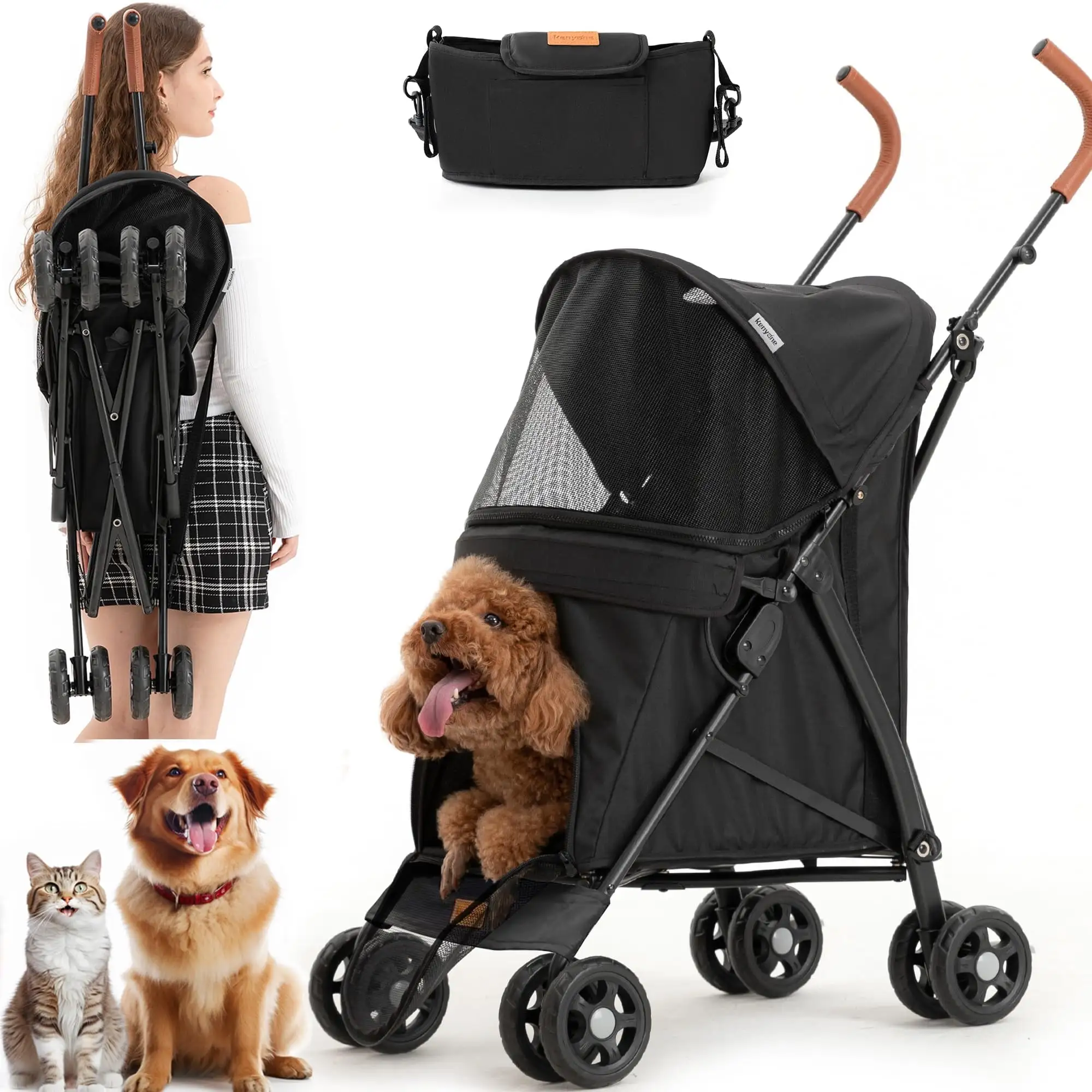 3 in 1 Folding Pet Dog Stroller. Dog Cat Stroller with Storage Basket and Cup Holder Portable Travel Carriage 4 Wheels for Small Medium Cats. Dogs and Puppy (Black)