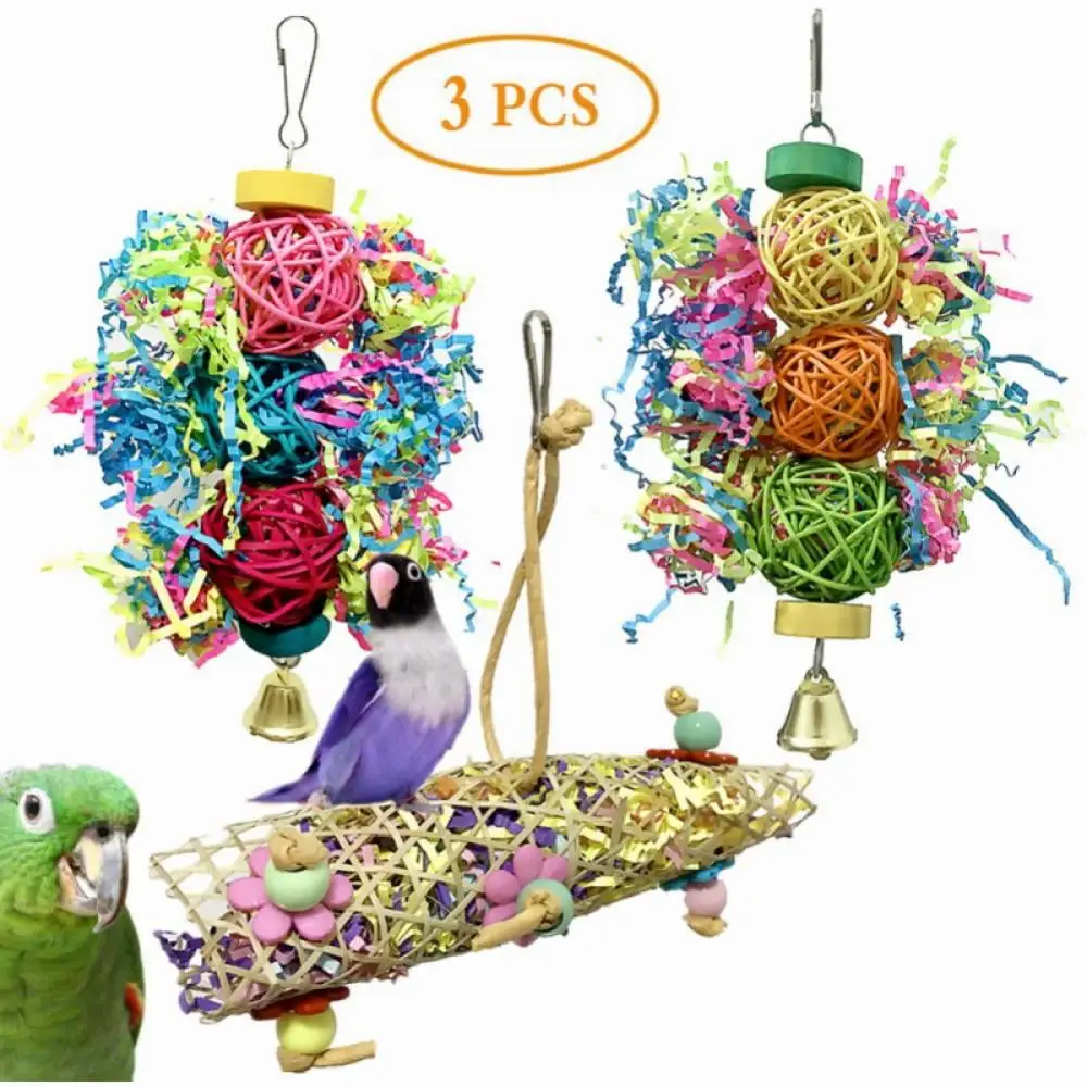 3 Pack Bird Chewing Toys. Colorful Parrot Foraging Shredder Toys Hanging Foraging Swing Toys for Parakeet. Conure. Cockatiel. Mynah. Love Birds. Finch. Small & Medium Pet Birds