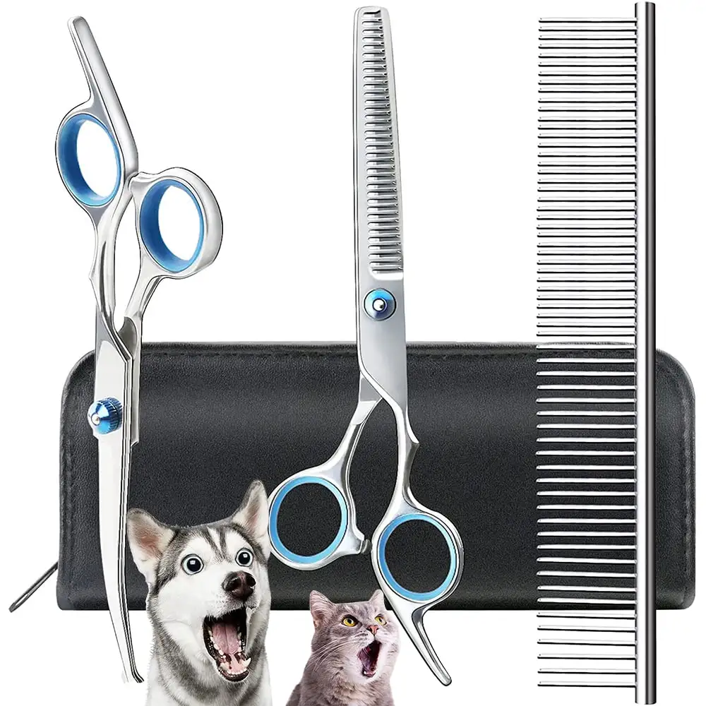 3 Pack Dog Grooming Scissors with Safety Round Tip. Perfect Steel Up-Curved Grooming Scissors Thinning Cutting Shears with Pet Grooming Comb for Dogs and Cats