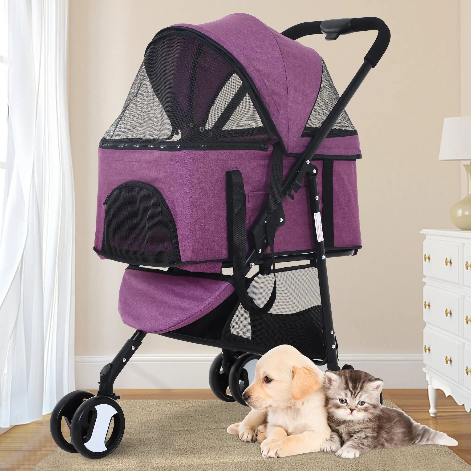 3 Wheels Dog Stroller Foldable Pet Stroller Cat Stroller with Storage Basket. 3-in-1 Lightweight Puppy Stroller for Travel (Purple)