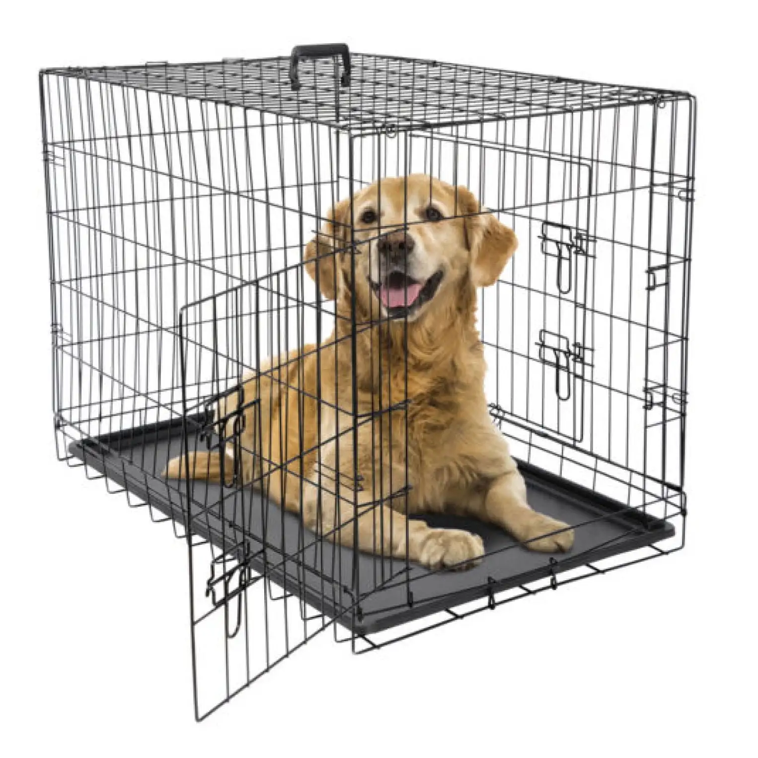 30 36 42 Dog Crate Kennel Folding Metal Pet Cage 2 Door With Tray Pan Black