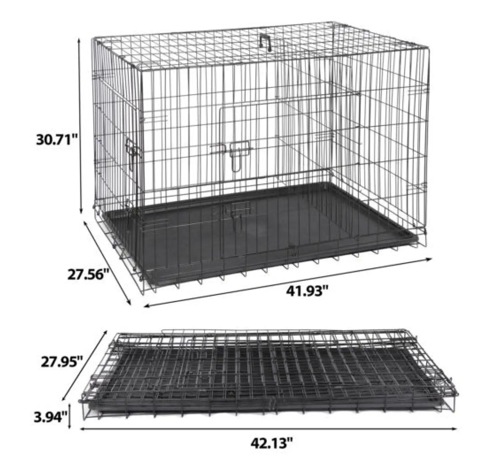 30 36 42 Dog Crate Kennel Folding Metal Pet Cage 2 Door With Tray Pan Black