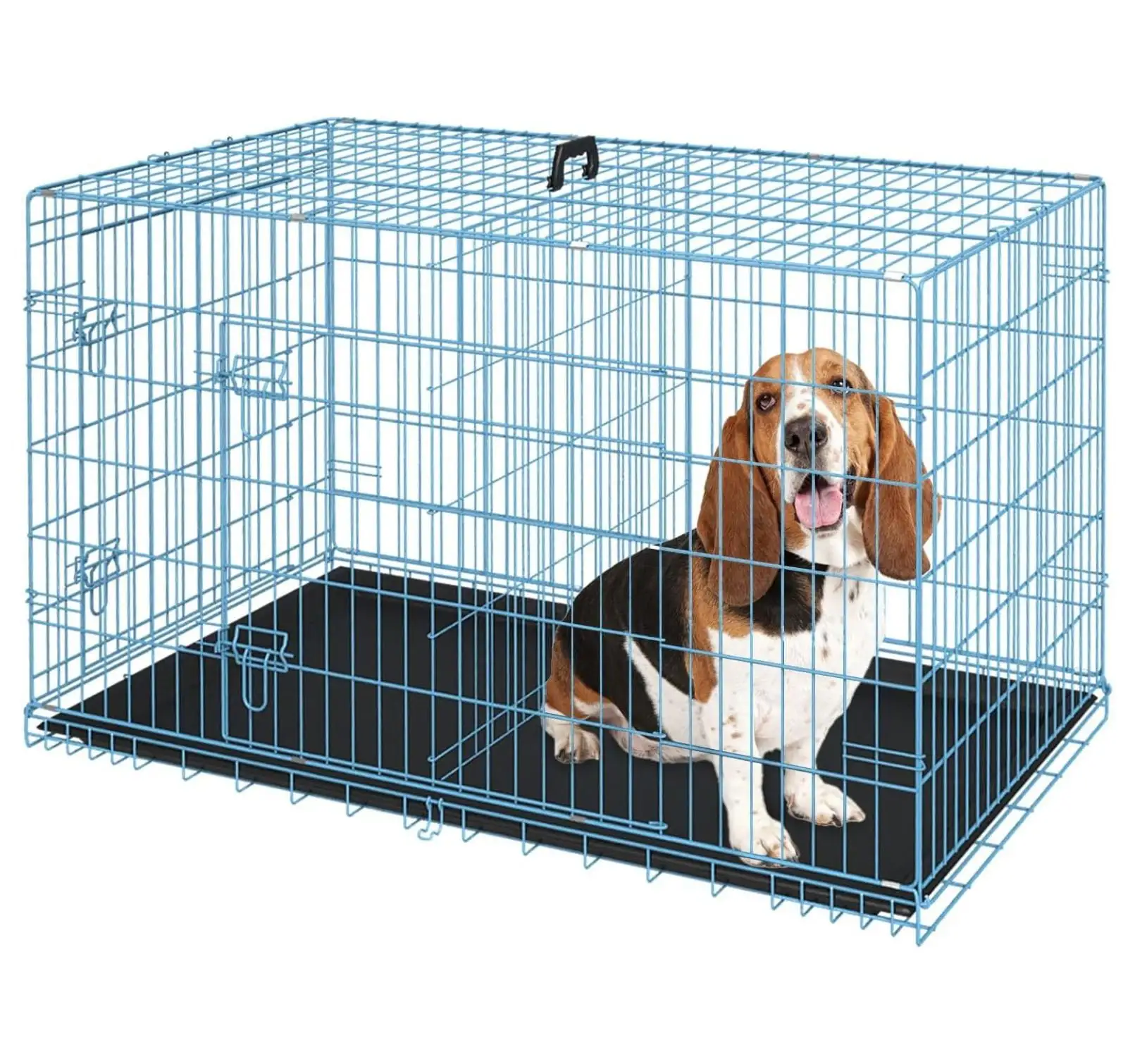 30 Inches Dog Crate Large Foldable Dog Kennel Metal Wire Pet Dog Cage with Double-Door Leak-Proof Tray Divider Panel and Handle for Dog Cat Pet.Blue 30X19.5X16.5