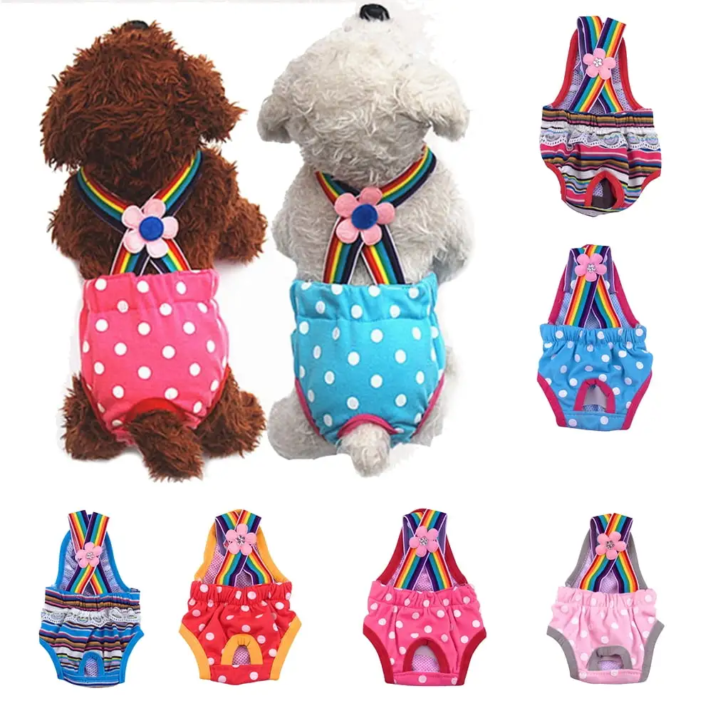 Walbest Female Dog Diapers. Reusable Washable Pet Sanitary Pants. Elastic Suspender with Adjustable Button and Polka Dots Print for Small and Medium Girl Doggy. XS Size. Red