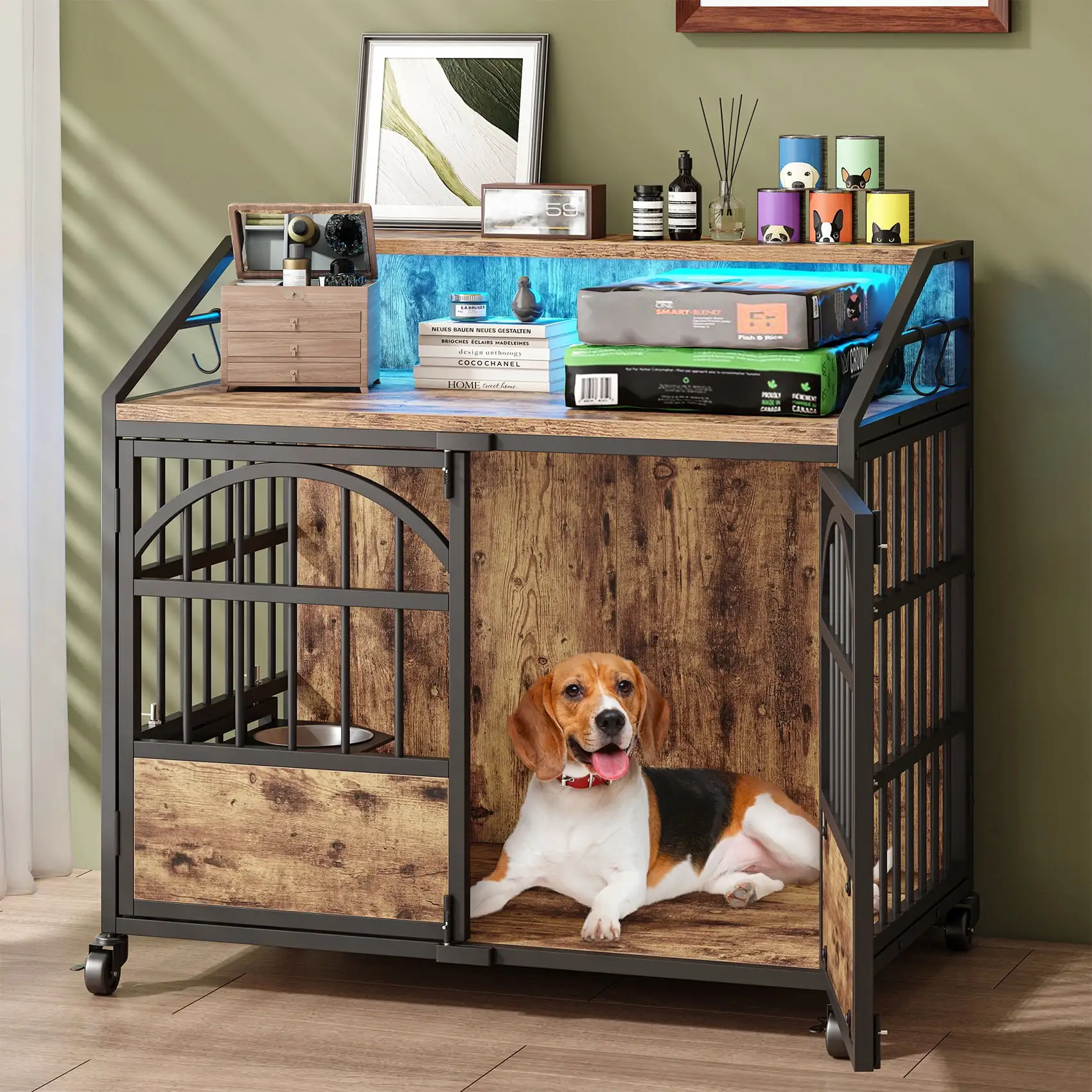 31.5 Inch Dog Crate Furniture with Wheels. Dog Kennel with 360??Rotatable Removable Dog Bowls. Wood Dog Cage Table with Led Light. Decorative Pet Crate Dog Cage for Indoor Use