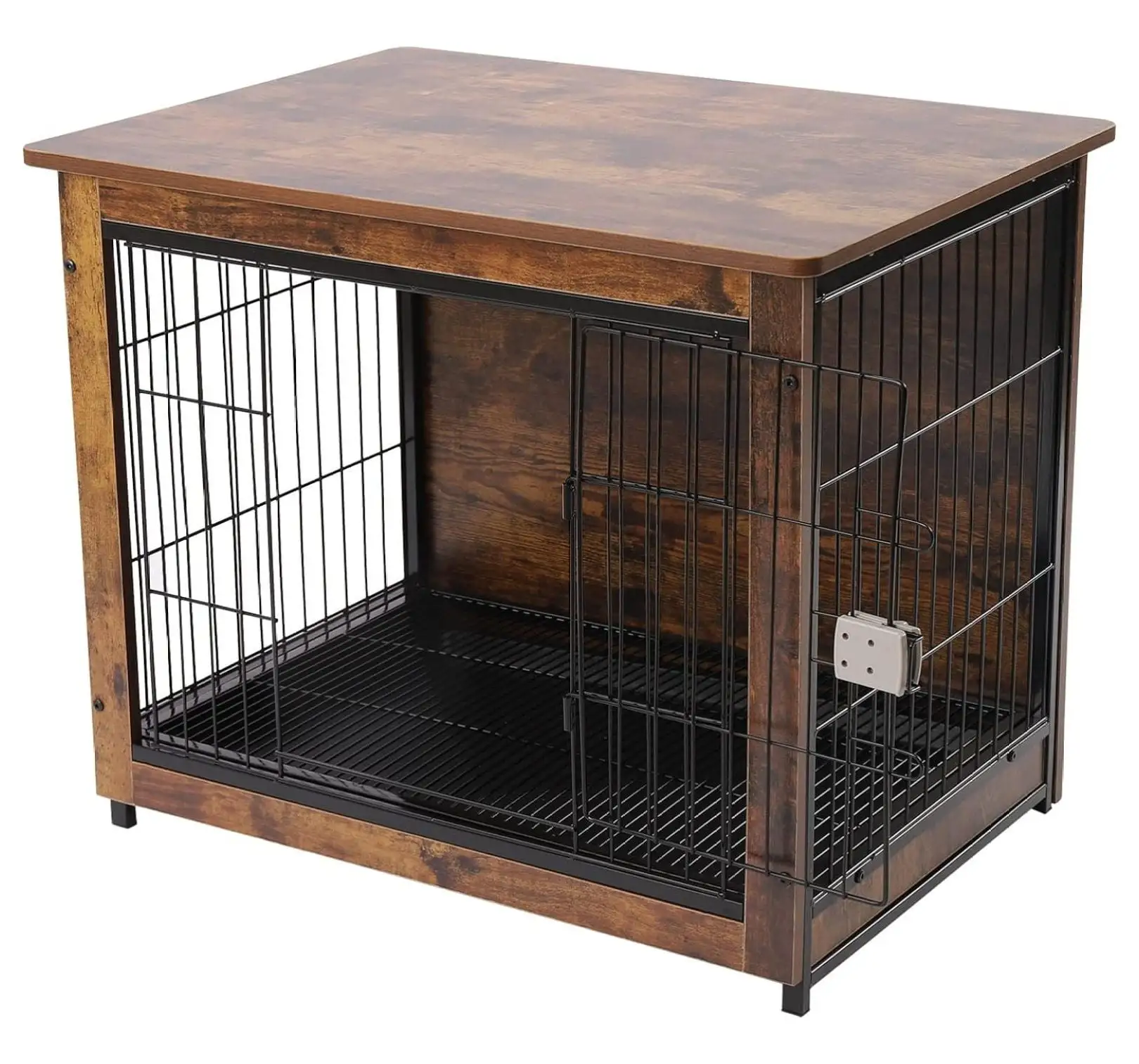 31.5 Large Wooden Dog Crate Furniture with Tray. Wood Wire Kennel Heavy Duty Pet Cage