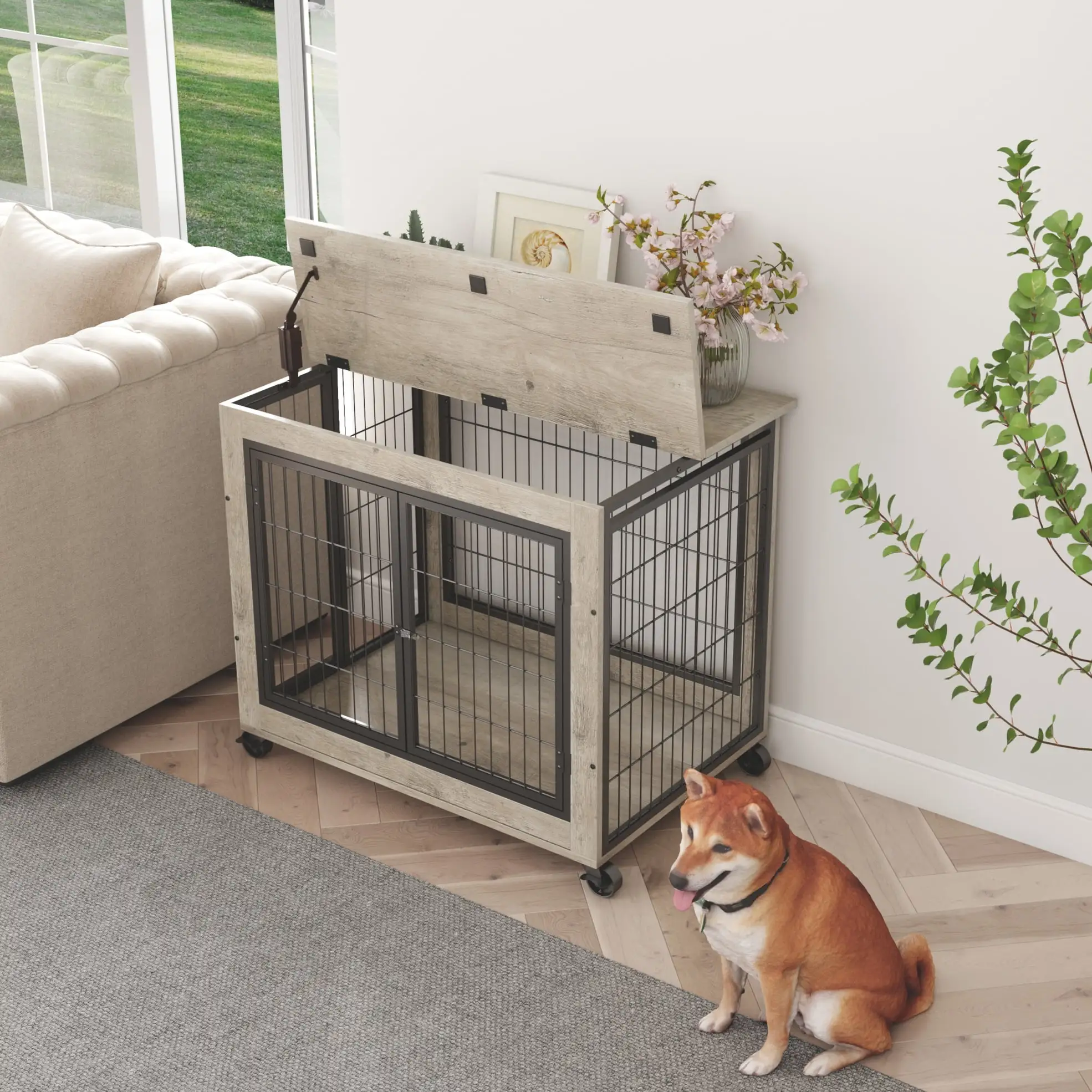 31.50 Dog Crate. Modern Multi-Function Furniture End Table with Openable Tabletop and Wheels. Indoor Dog House. Grey