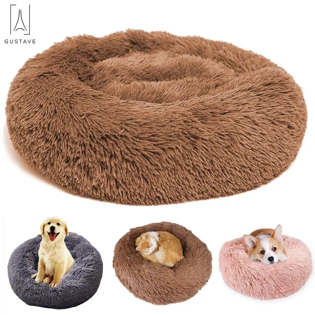 Gustave Pet Dog Calming Bed. Self-Warming Round Cushion Bed. Luxurious Faux Fur Donut Cuddler Soft Plush Comfortable for Sleeping Brown. 50CM