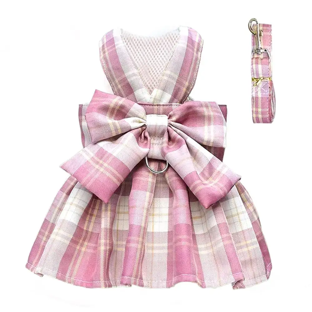 Dog Dress Harnesses for Small Dogs Girl Puppy Cat Bunny Rabbit Clothes Outfit Plaid Pet Cat Apparel Bow Doggy Dresses with Leash Set for Chihuahua Yorkie