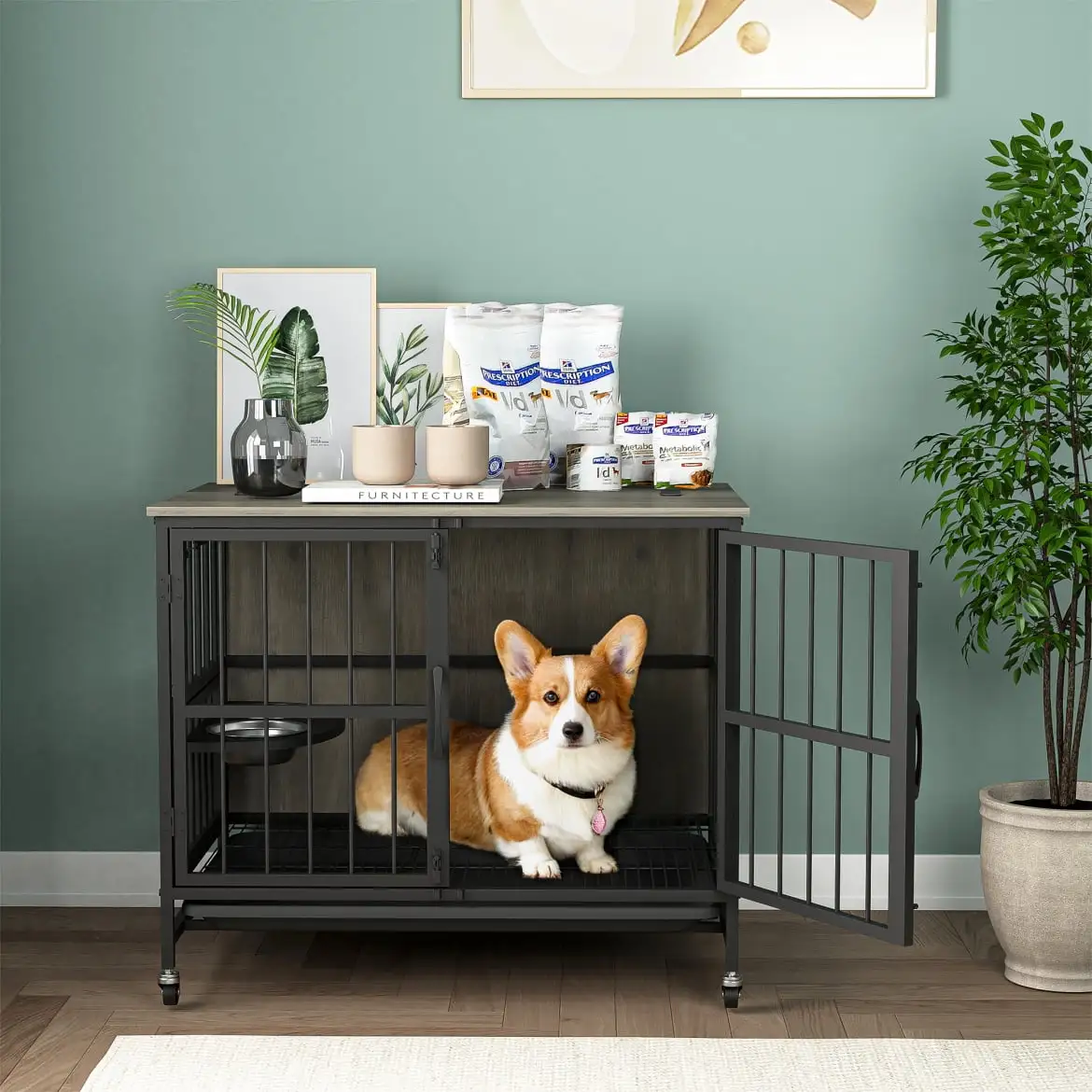 32 Inch Dog Crate Furniture with Two 360?? & Adjustable Stainless Steel Bowls. Wooden Heavy Duty Dog Kennel Furniture with Double Doors. Dog Cage for Large Medium Dogs