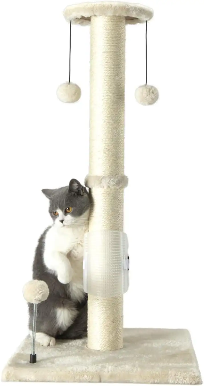 32 Tall Cat Scratching Post Sisal Rope Scratch Posts with Hanging Ball and Self-Massage Brush Vertical Scratcher for Indoor Cats and Kittens(Beige 32inches)