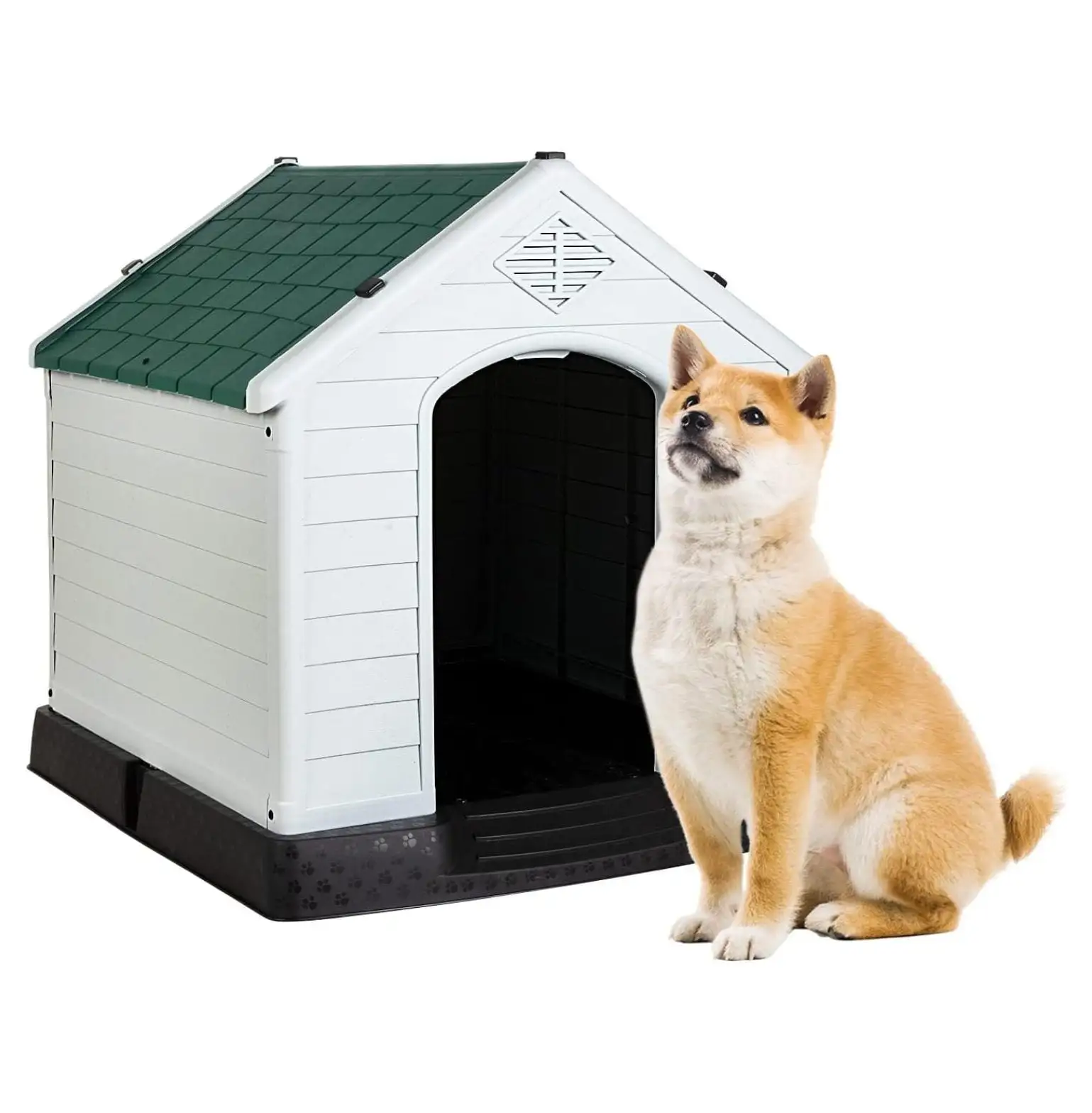 32Inch Large Dog House Insulated Kennel Durable Plastic Dog House for Small Medium Large Dogs Indoor Outdoor Weather & Water Resistant Pet Crate with and Elevated Floor.Green