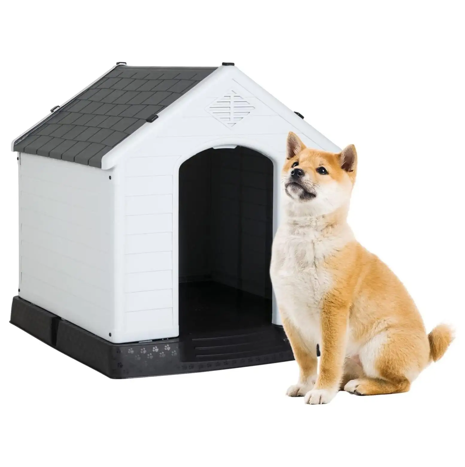 32Inch Large Dog House Insulated Kennel Durable Plastic Dog House for Small Medium Large Dogs Indoor Outdoor Weather & Water Resistant Pet Crate with and Elevated Floor.Grey