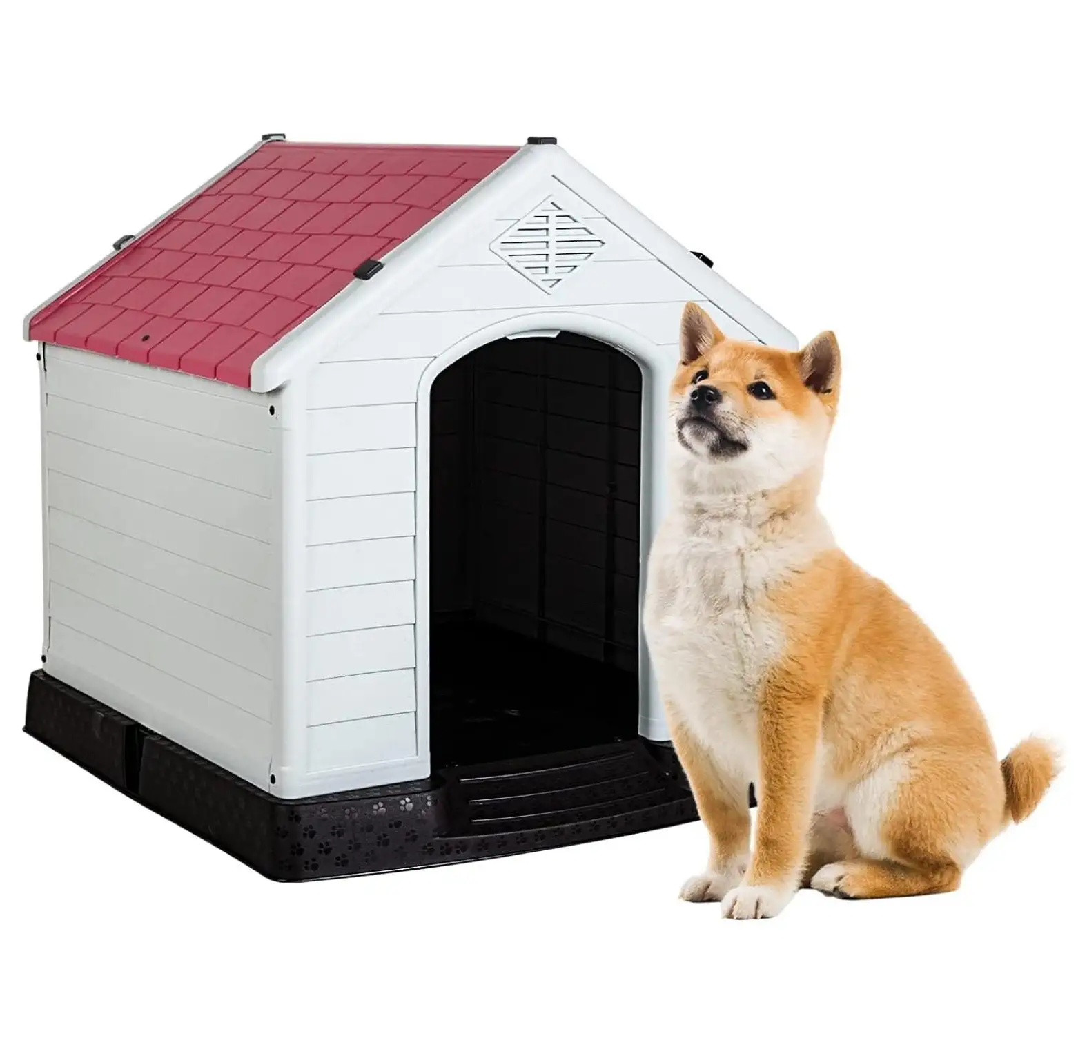 32Inch Large Dog House Insulated Kennel Durable Plastic Dog House for Small Medium Large Dogs Indoor Outdoor Weather & Water Resistant Pet Crate with and Elevated Floor.Red