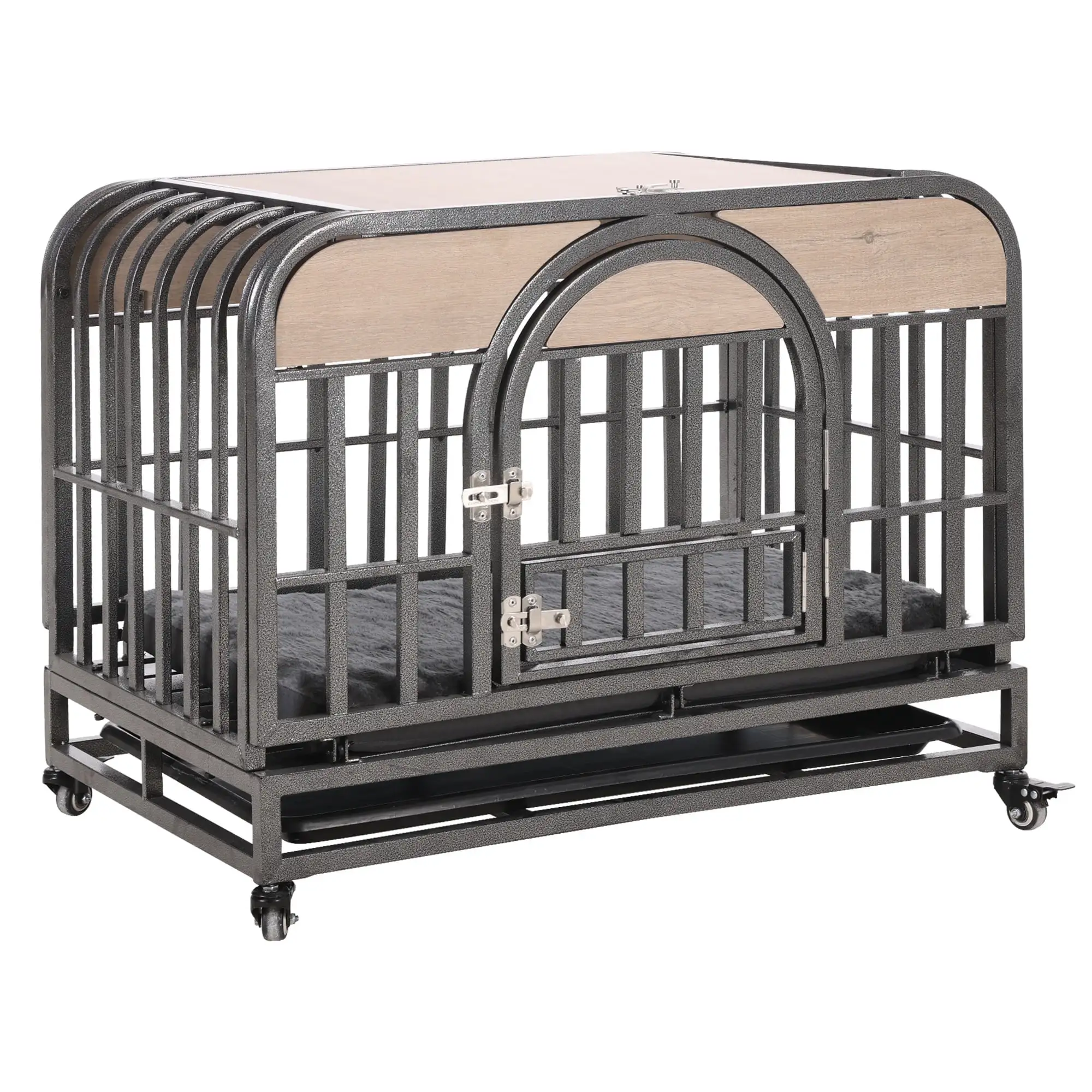 32in Heavy Duty Dog Crate. Furniture Style Dog Cage with Removable Trays and Wheels for High Anxiety Dogs. Gray