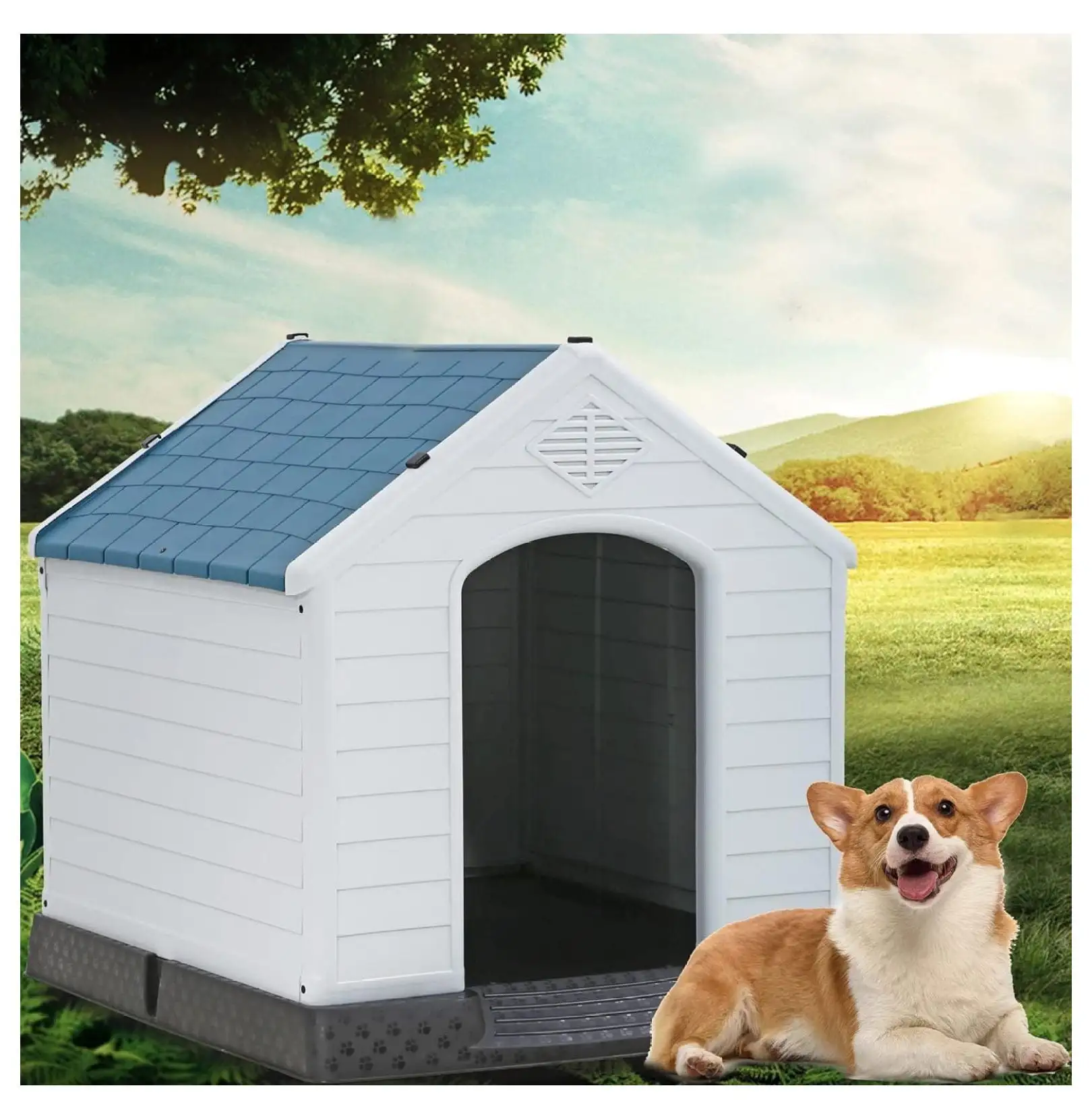 32in Large Dog House.Stable Waterproof Plastic Dog Kennel for Small Medium Large Dogs. Indoor Outdoor Pet Shelter with and Elevated Floor