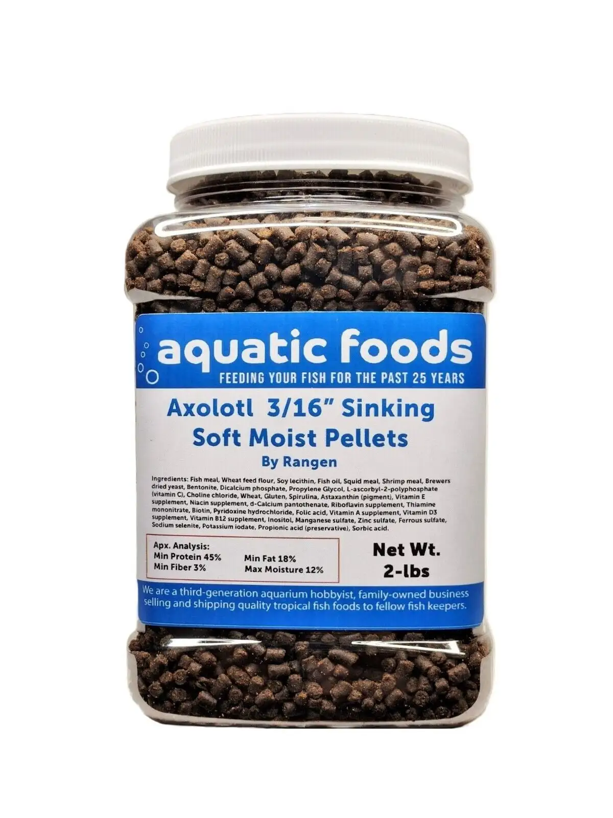 Axolotl Food 3/16 Soft Moist Sinking Rangen Salmon Pellets for Adult Axolotl also Shrimp. Snails. Crabs. Crayfish. Bottom Tropical Fish...2-lb Med Jar