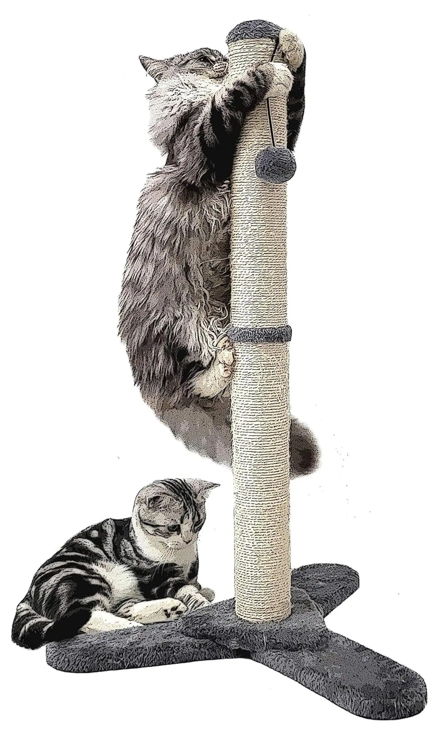 34 Tall Cat Scratching Post with Sturdy Tripod Base. Dangling Toy and Natural Sisal Rope Wrapped Vertical Scratcher Pole for Indoor Cats and Kittens