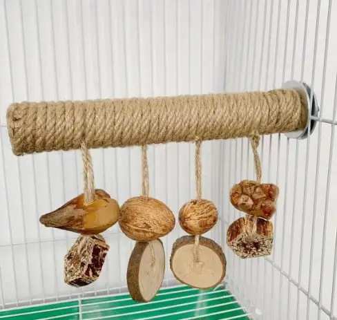 Parakeet Perch with Hanging Small Chew Toys Bird Claw Grinding Perch Wooden Parrot Cage Perch