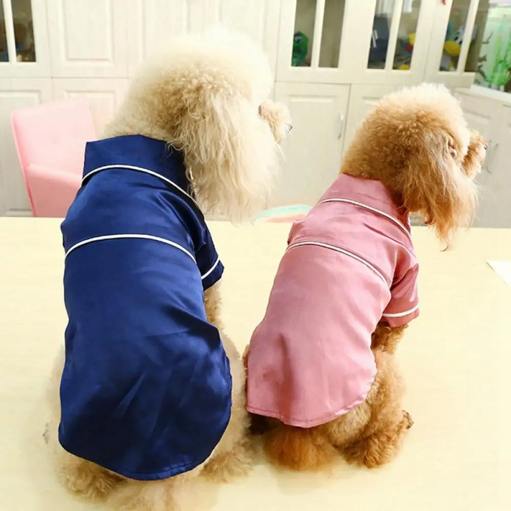 Pet Cat Dog Pajamas Soft Silk Clothes Apparel Small Puppy Jumpsuit Sleepwear.Dark Blue Color.M Size