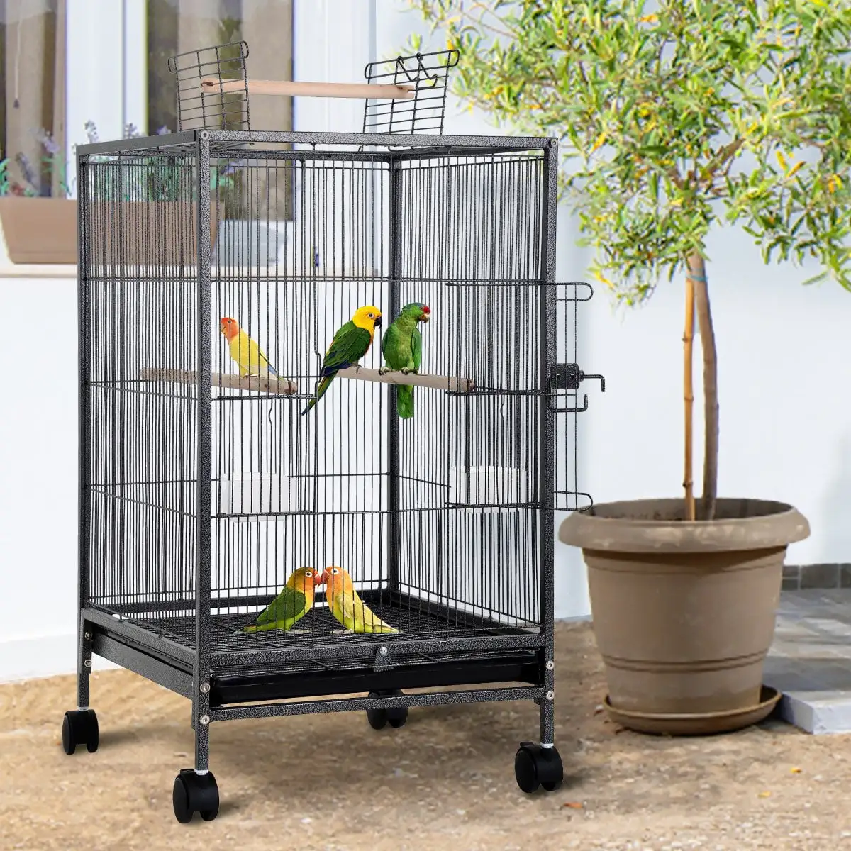 35 inch Birdcage with Stand Parrot Cage for Large Birds Parakeet Cage Wrought Iron Jaulas Para Pajaros with Play Open Top. Bottom Tray. 2 Feeders for Parakeets. Canary. Cockatiel