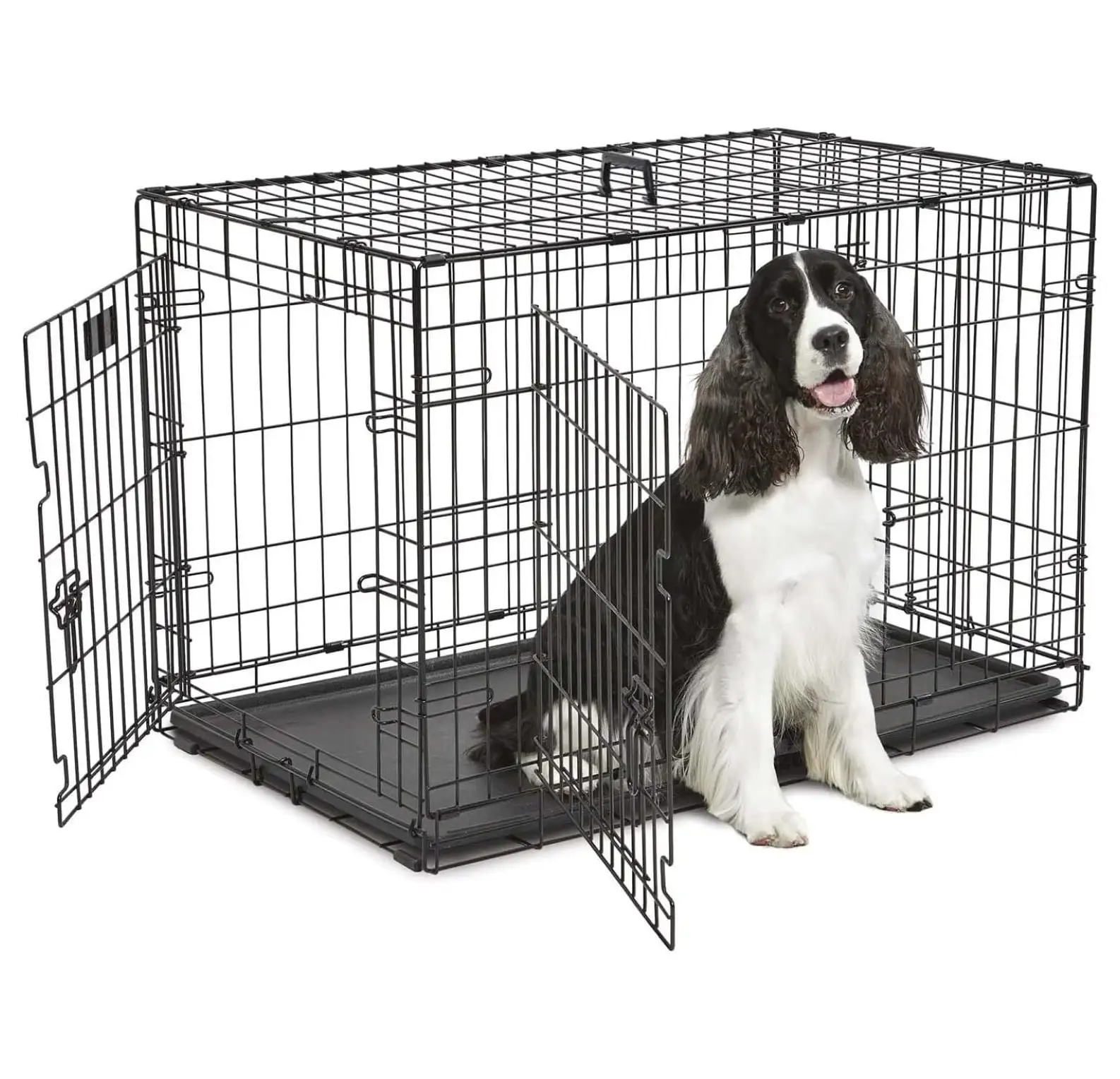 36 Inches Dog Crate Large Foldable Dog Kennel Metal Wire Pet Dog Cage with Double-Door Leak-Proof Tray Divider Panel and Handle for Dog Cat Pet.Black 36X25X22.5