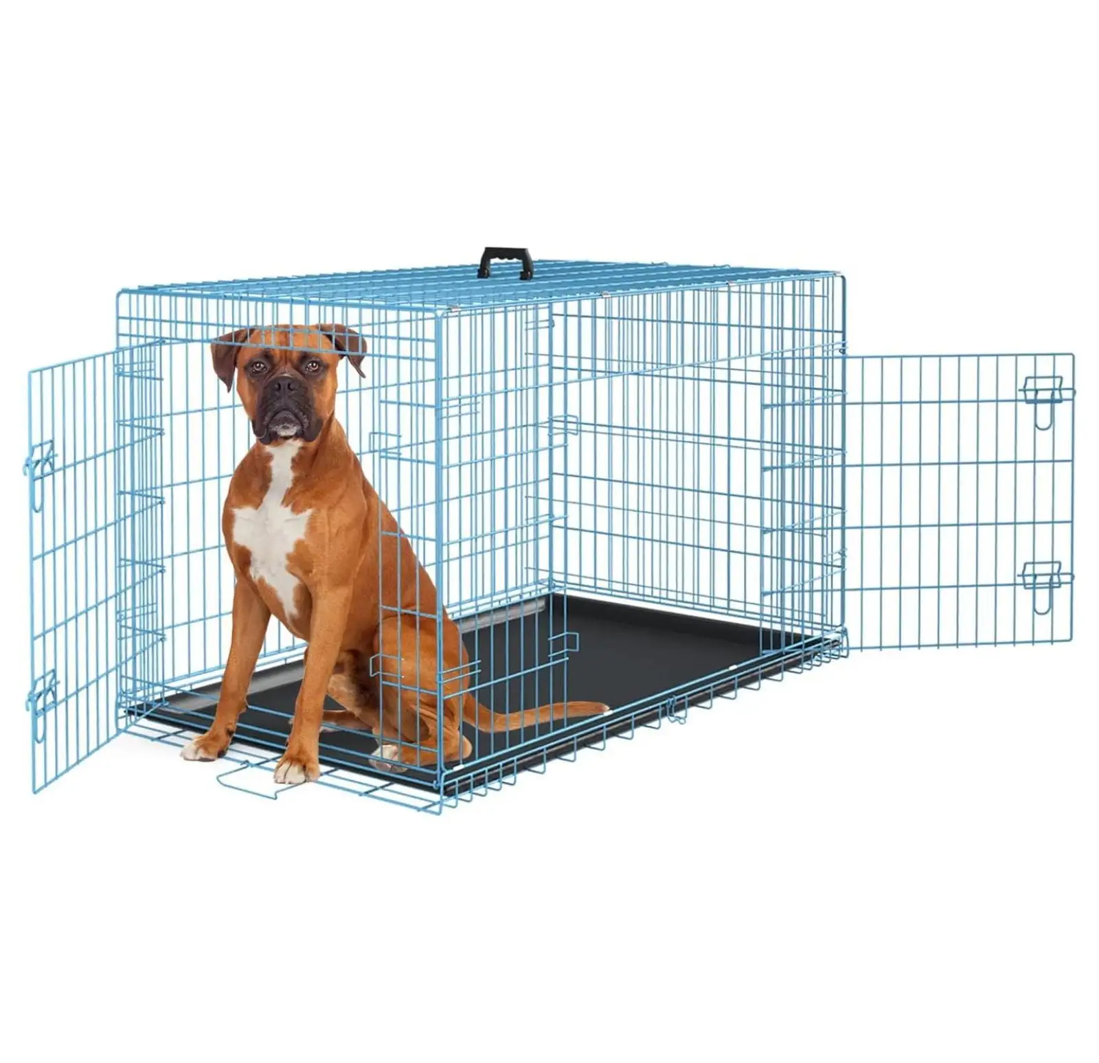 36 Inches Dog Crate Large Foldable Dog Kennel Metal Wire Pet Dog Cage with Double-Door Leak-Proof Tray Divider Panel and Handle for Dog Cat Pet.Blue 36X25X22.5