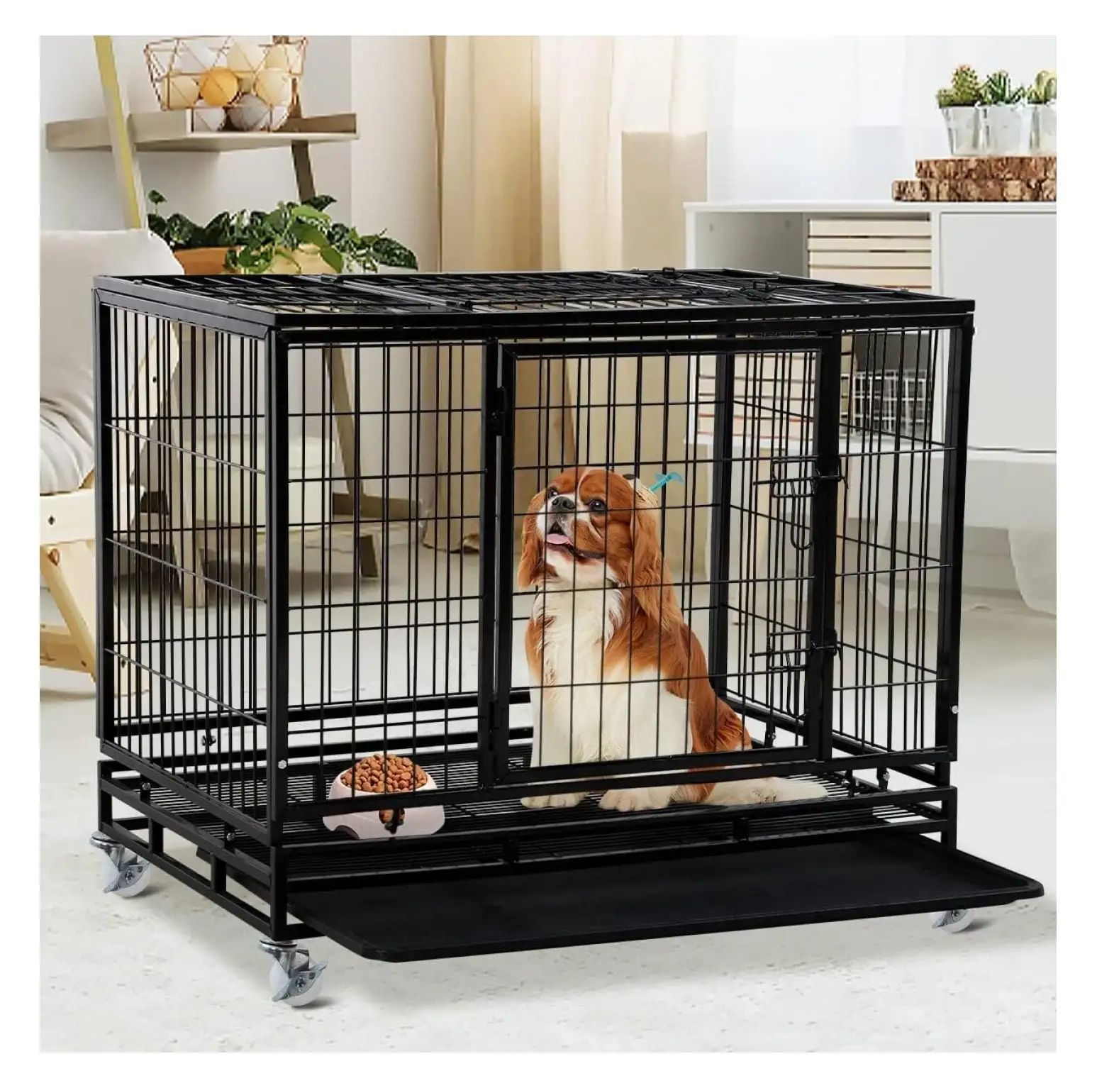 36 inch Heavy Duty Dog Crate. Black. Waterproof. Non-Toxic. Secure. Easy To Clean. Lockable. Durable Steel Construction. With Wheels. Double Doors. Tray