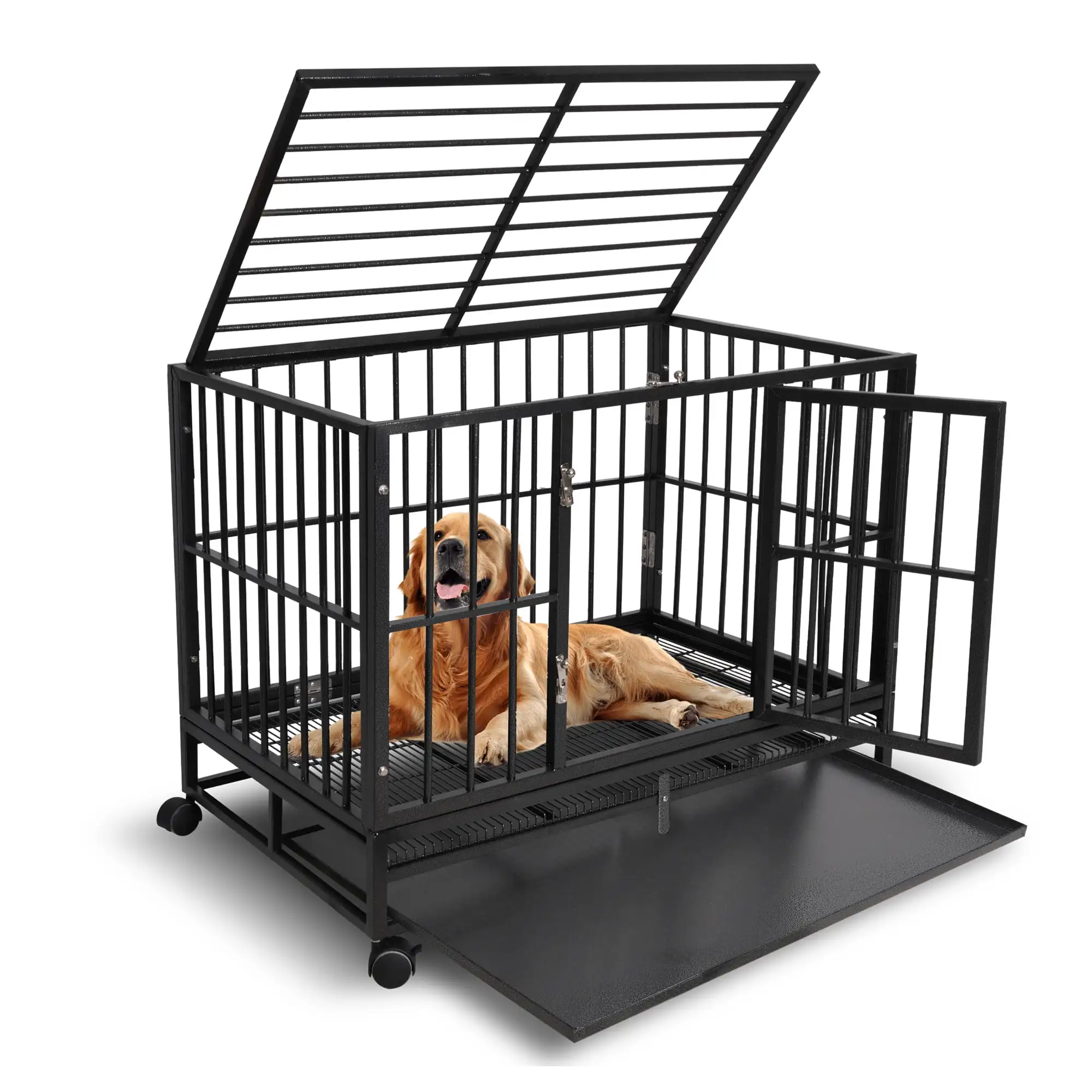 36-inch Heavy-Duty Dog Crate Cage. Extra Indestructible Pet Kennel with Wheels. Removable Tray & Double-Doors. Large Metal Furniture for Medium/Large Dogs. Black