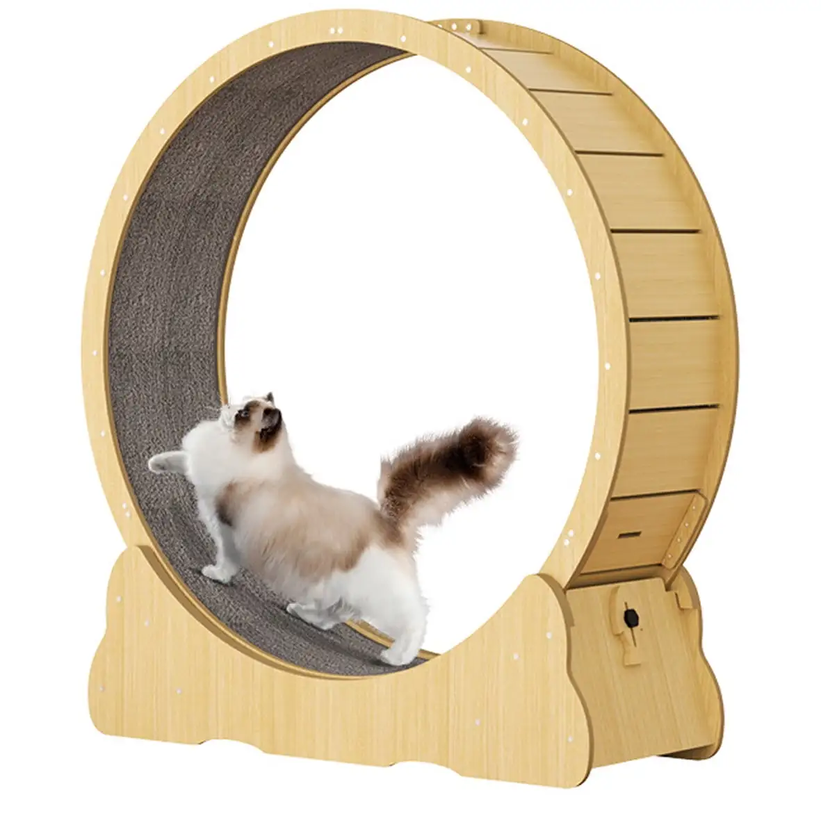 37 Cat Wheel with Carpeted Runway. Fitness Weight Loss Device. Natural Wood Color(S)