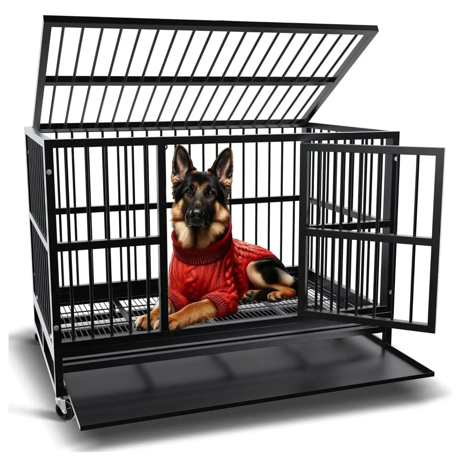 37 Inch Heavy Duty Dog Crate with Lockable Wheels.Escape Proof Dog Cage Kennel with Double Door and Removable Crate Trays.XL Dog Crate Indoor for High Anxiety Large Dog Black??