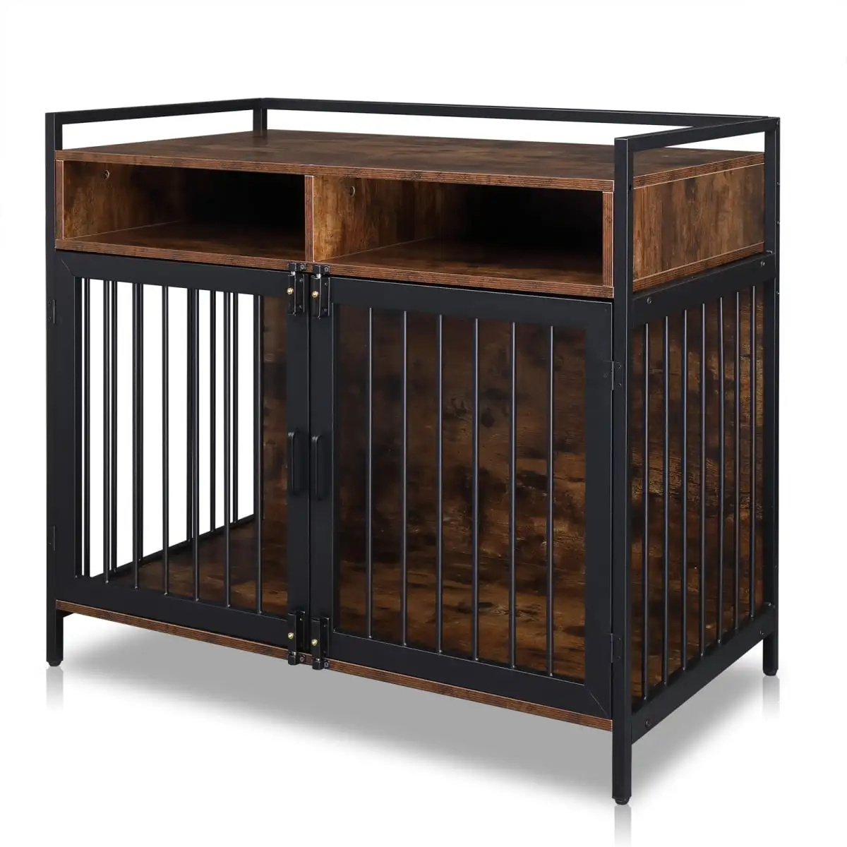 38.6 Dog Cage Furniture with Double Door and Double Lock. Metal Heavy Duty Sturdy Dog Cage with Adjustable Feet. Dog Crate with Storage and Anti-chew Features for Small/Medium Dogs. Rustic Brown