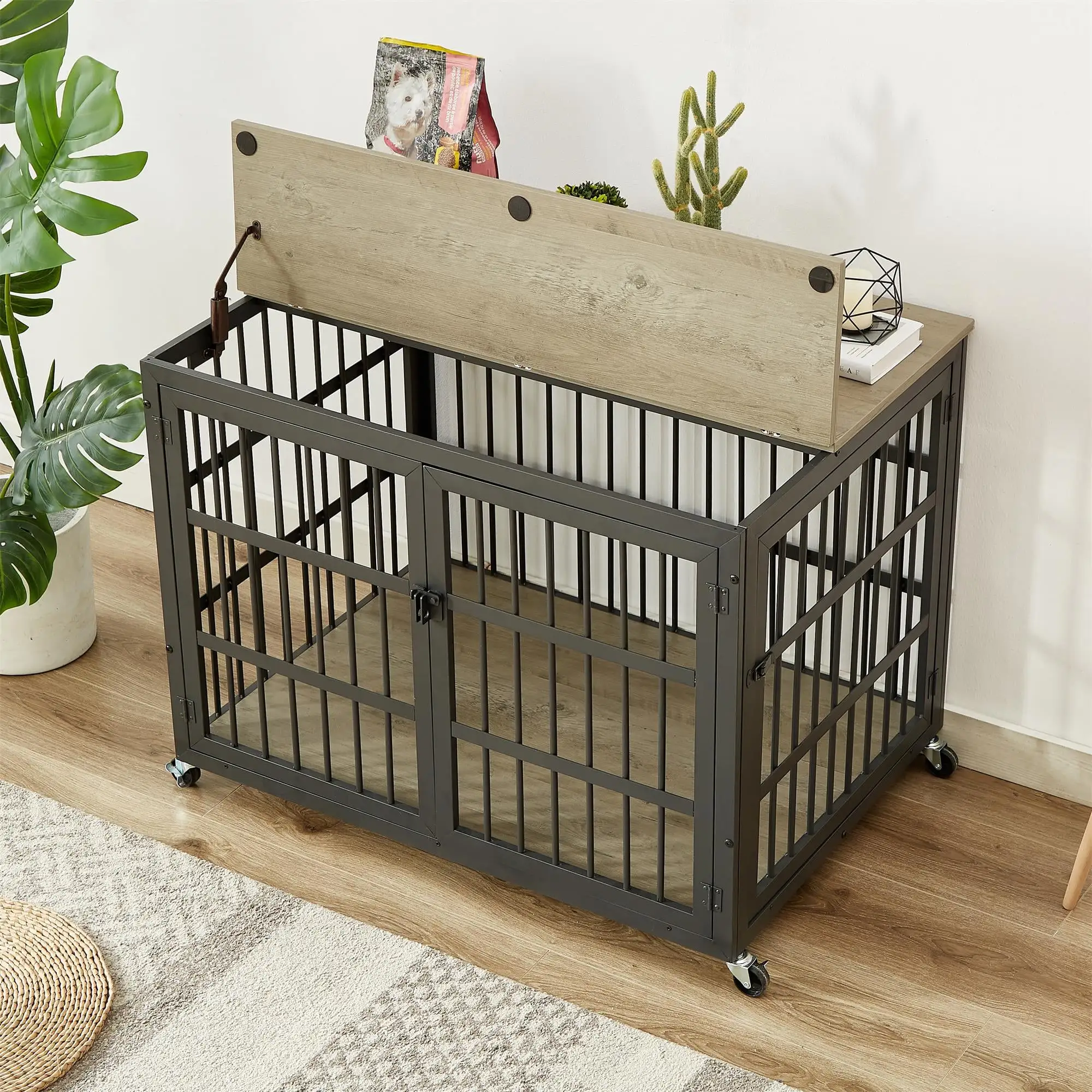 38 Heavy Duty Dog Crate. Furniture Dog House with Wheels. Indoor Dog Cage with Side Openings. Gray