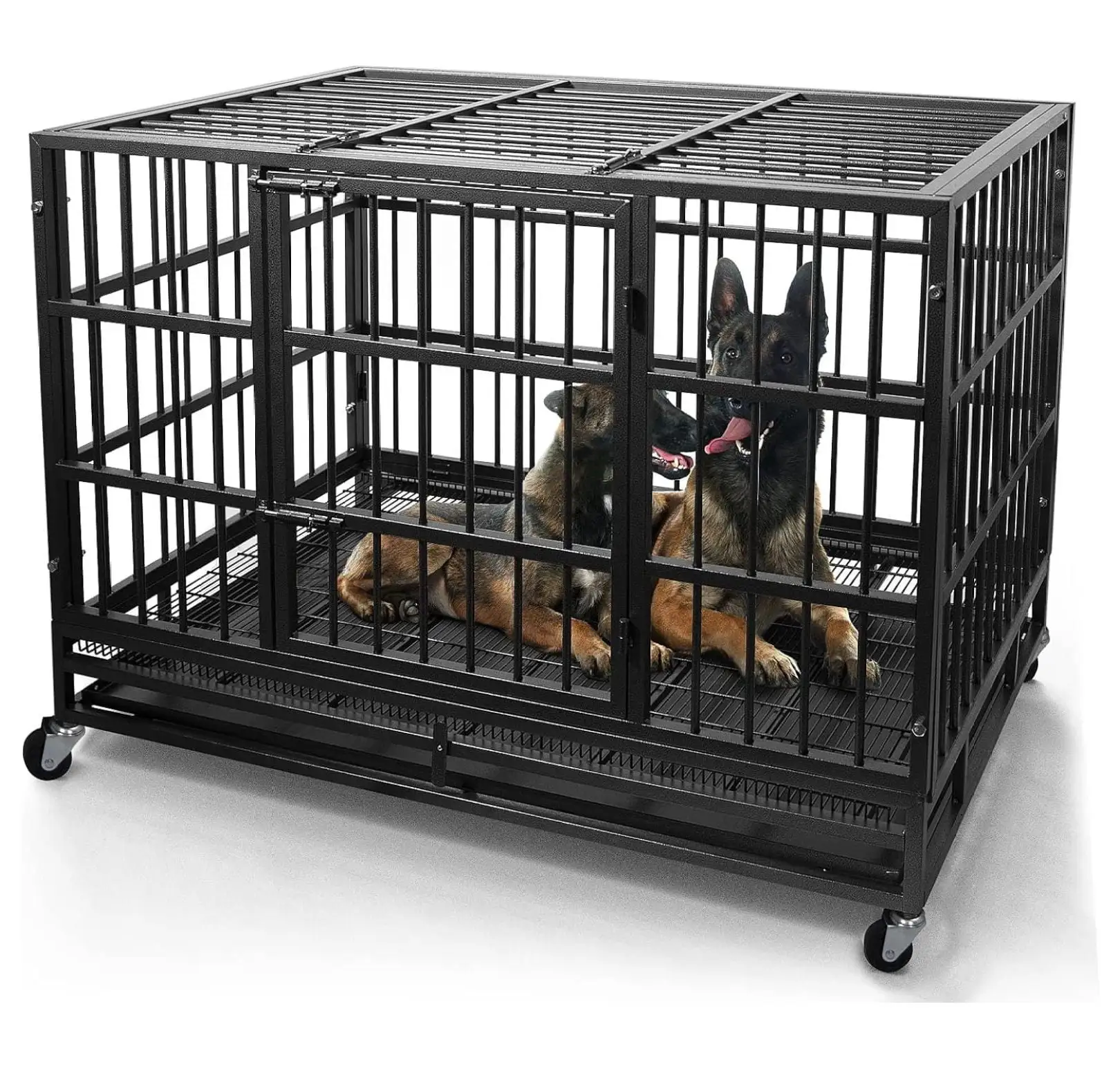 /38 Inch Heavy Duty Dog Crate Cage Kennel with Wheels. High Anxiety Indestructible. Sturdy Locks Design. Double Door and Removable Tray. Extra Large XL XXL