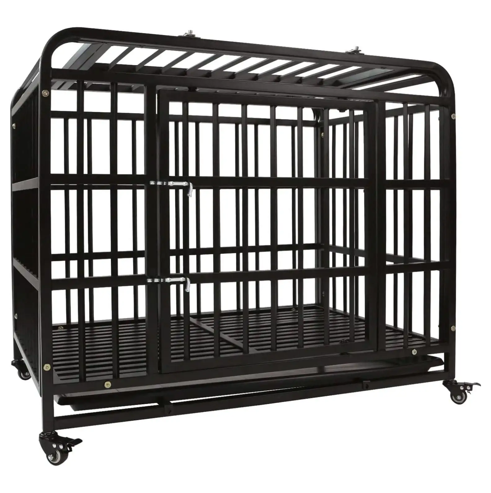 38 Inch Heavy Duty Dog Crate - Indestructible Dog Crate for Large Dog Strong Metal Dog Kennel Training Dog Cage Easy to Assemble Pet Playpen with Wheels Double Doors Removable Tray. Black