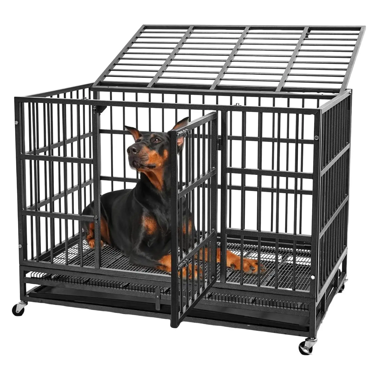 38 Inch Heavy Duty Escape-Proof Dog Crate Indestructible Double Door Dog Kennel for Large Dog.High Anxiety Dog Cage with Lockable Wheels and Removable Crate Trays.Black