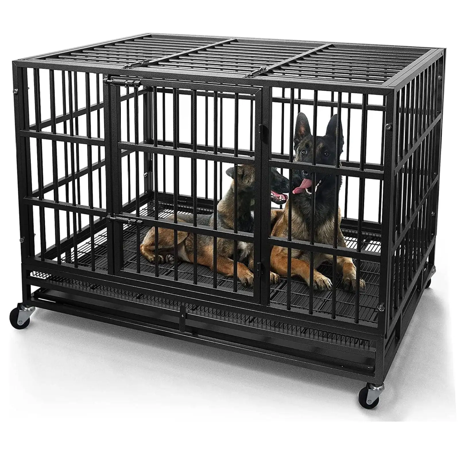 /38 Inch Heavy Duty Indestructible Dog Crate Cage Kennel with Wheels. High Anxiety Dog Crate. Sturdy Locks. Double Door and Removable Tray Design. Extra Large XL Dog Crate.